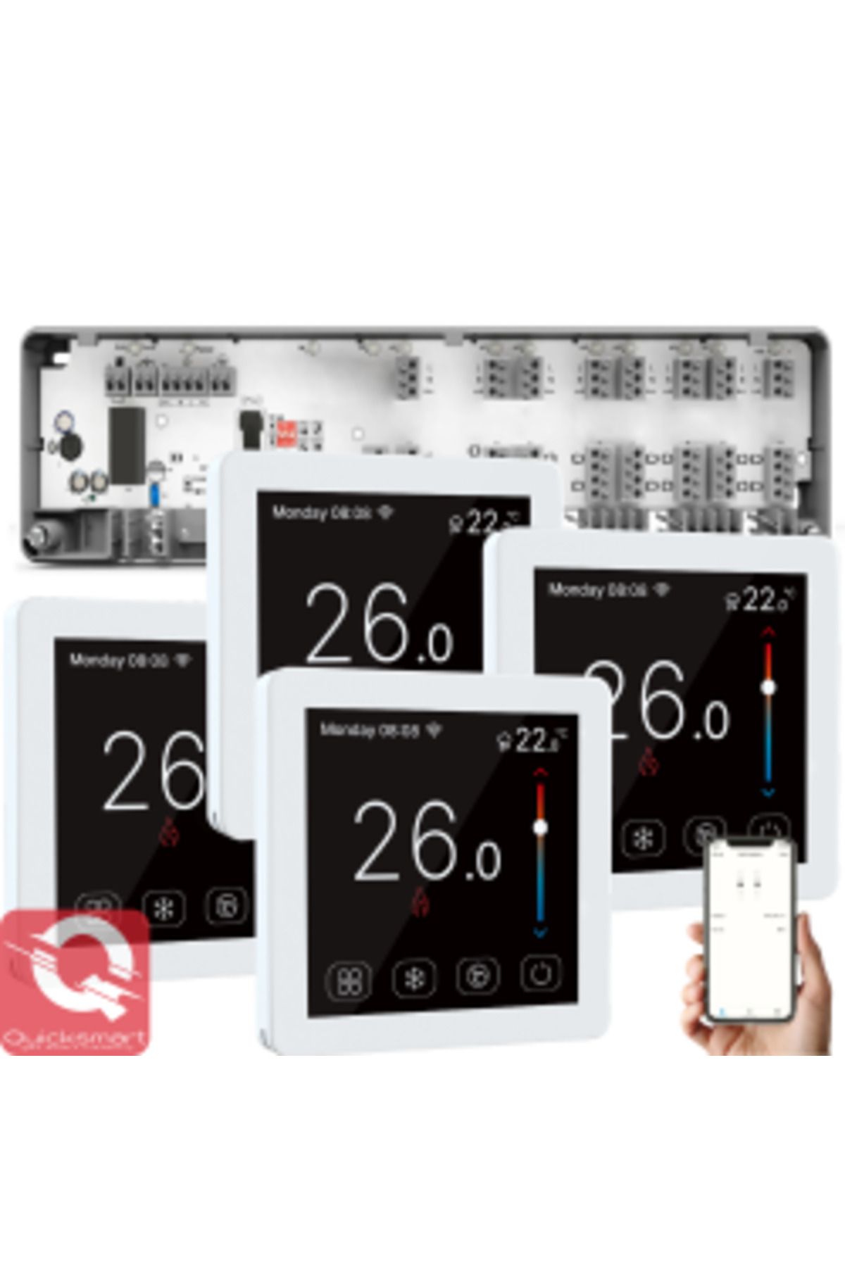 Quicksmart-Kit Automatizare Incalzire Pardoseala Q10, Controller pardoseala 8 zone, 4x Termostat cu fir Q50, In 3