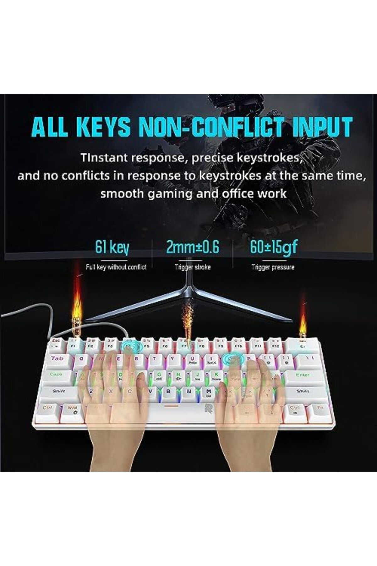 ROCK POW-60% Wired Mechanical Gaming Keyboard, 61 keys RGB Backlit Ultra-Compact Mini Keyboard 8
