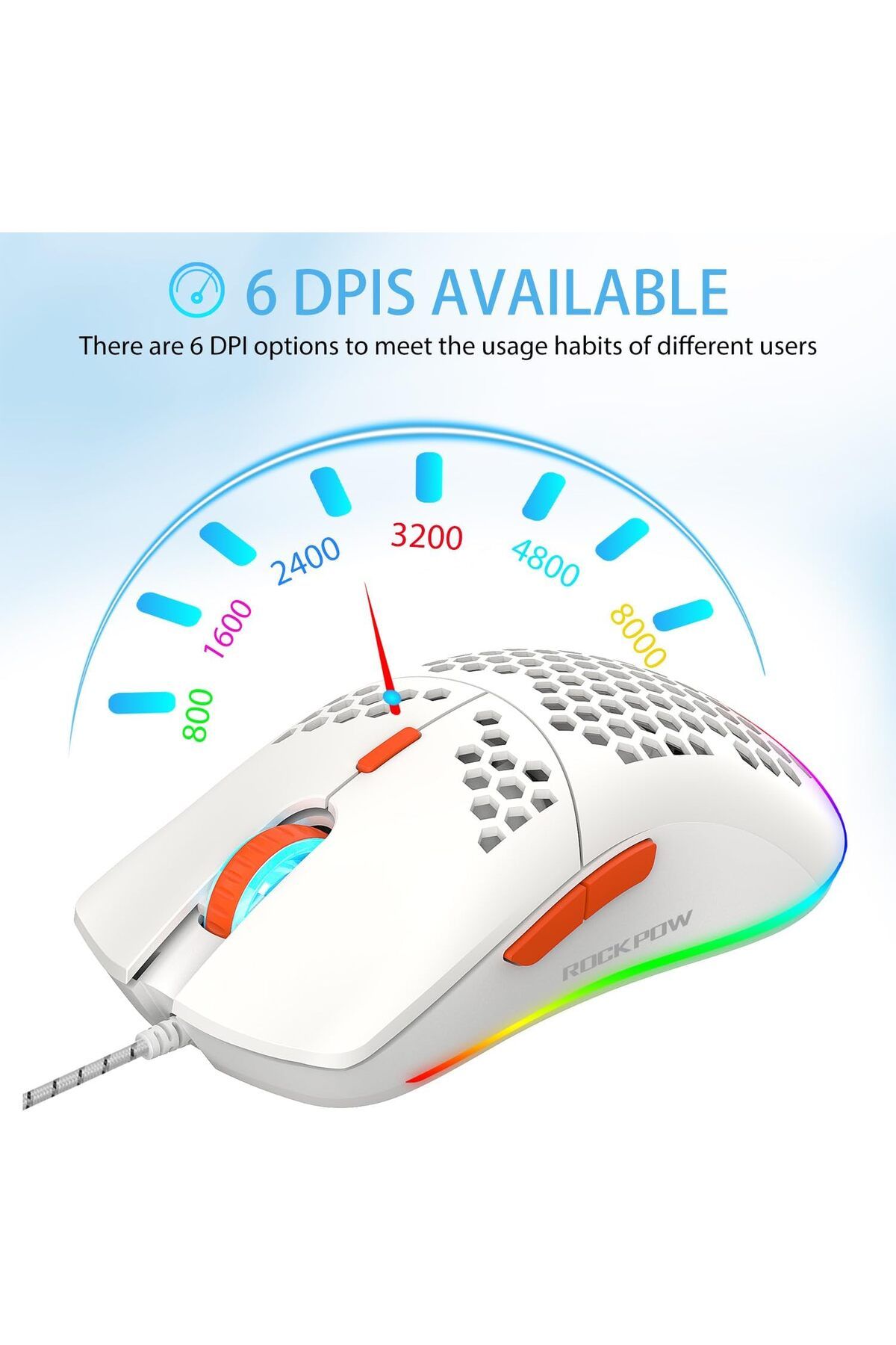 ROCK POW-Gaming Mouse with Honeycomb Design, 8000 DPI, Optical Sensor, 6 Programmable Buttons, RGB W 5