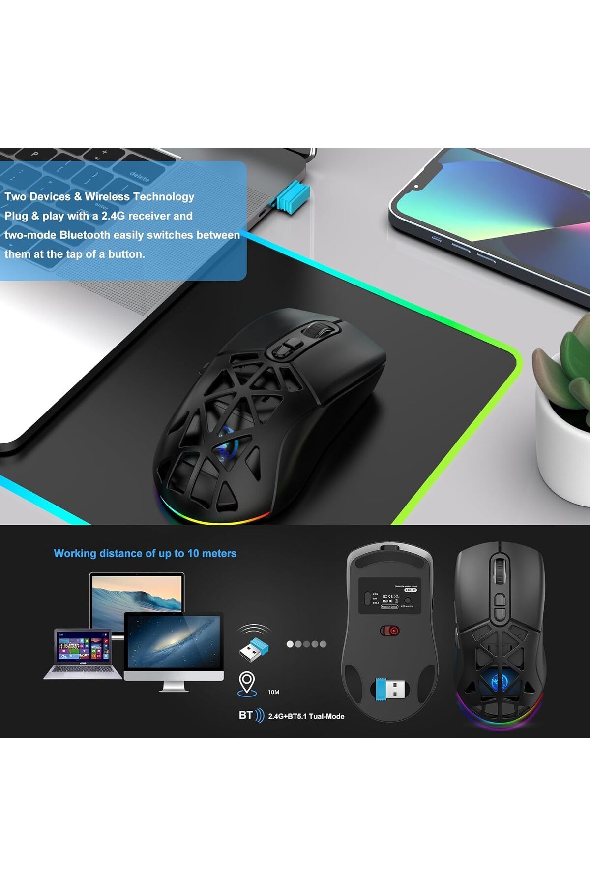 ROCK POW-Wireless Gaming Mouse, Tri-Mode Bluetooth/2.4G/Wired Mouse, 6 Buttons with Adjustable 4800 DPI, BT5. 9