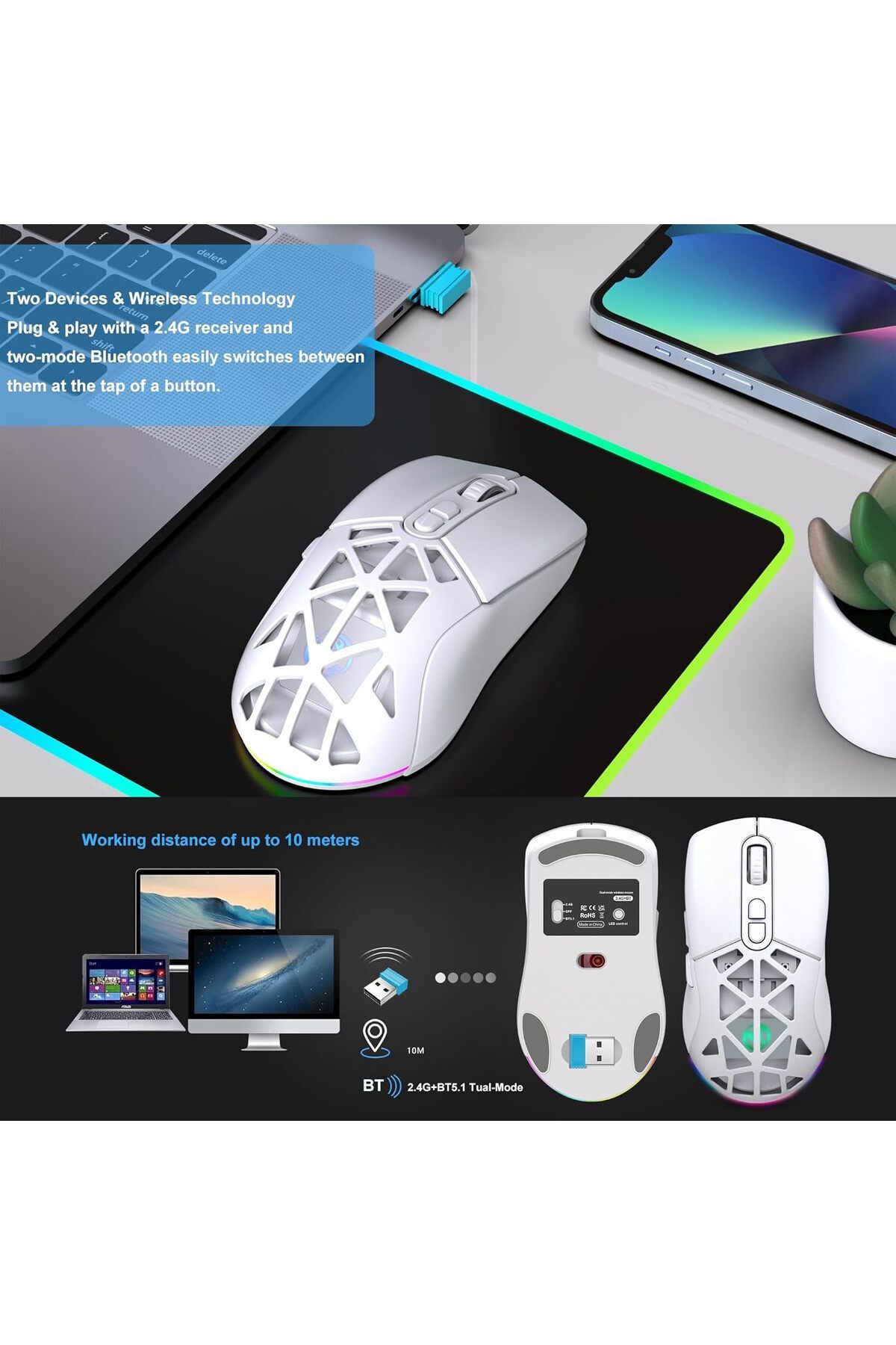 ROCK POW-Wireless Gaming Mouse, Tri-Mode Bluetooth/2.4G/Wired Mouse, 6 Buttons with Adjustable 4800 DPI, BT 5 9