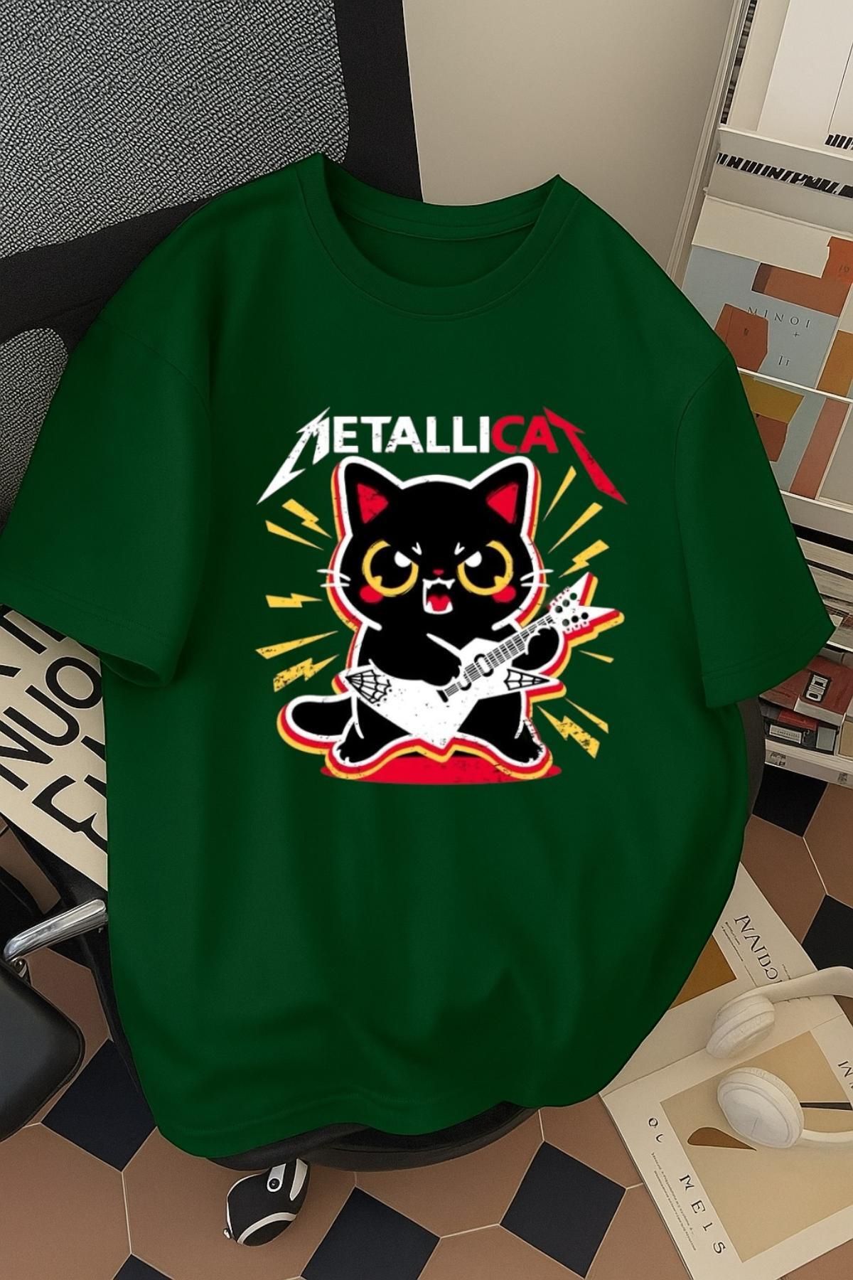 Madali Boutique Metallicat Baskılı Unisex Bisiklet Yaka Pamuk Oversize Boyfriend T-Shirt