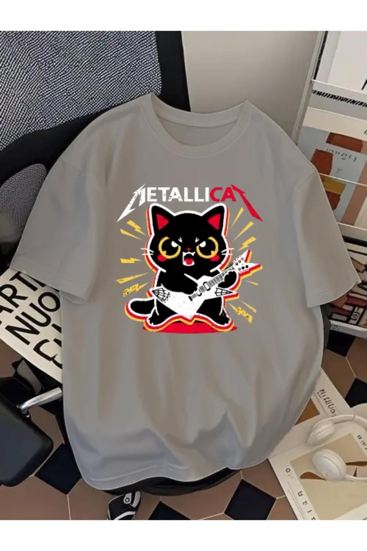 Madali Boutique Metallicat Baskılı Unisex Bisiklet Yaka Pamuk Oversize Boyfriend T-Shirt