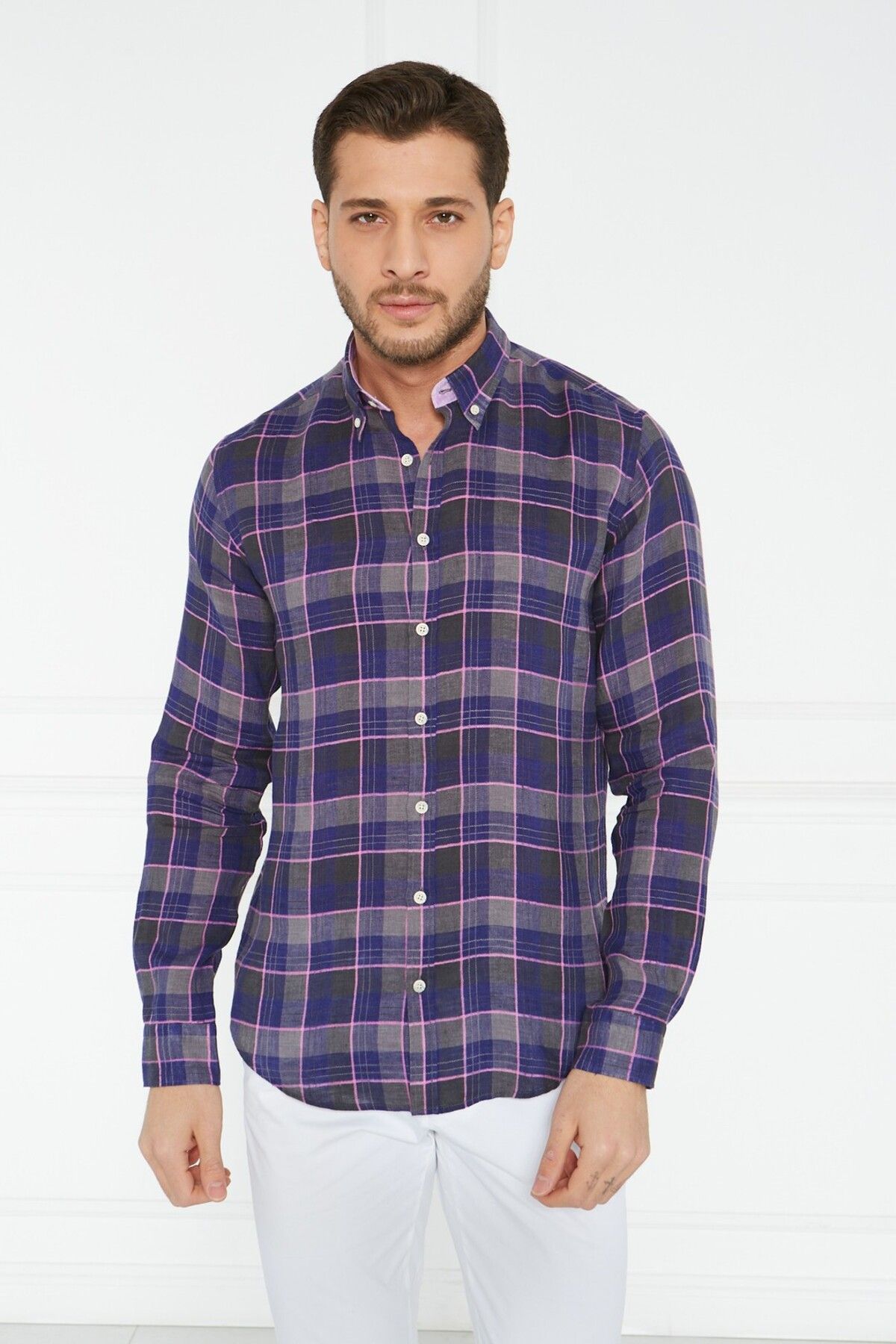 Paşahan Giorgianni Yaka Düğmeli Ekose Keten Slim Fit Gömlek