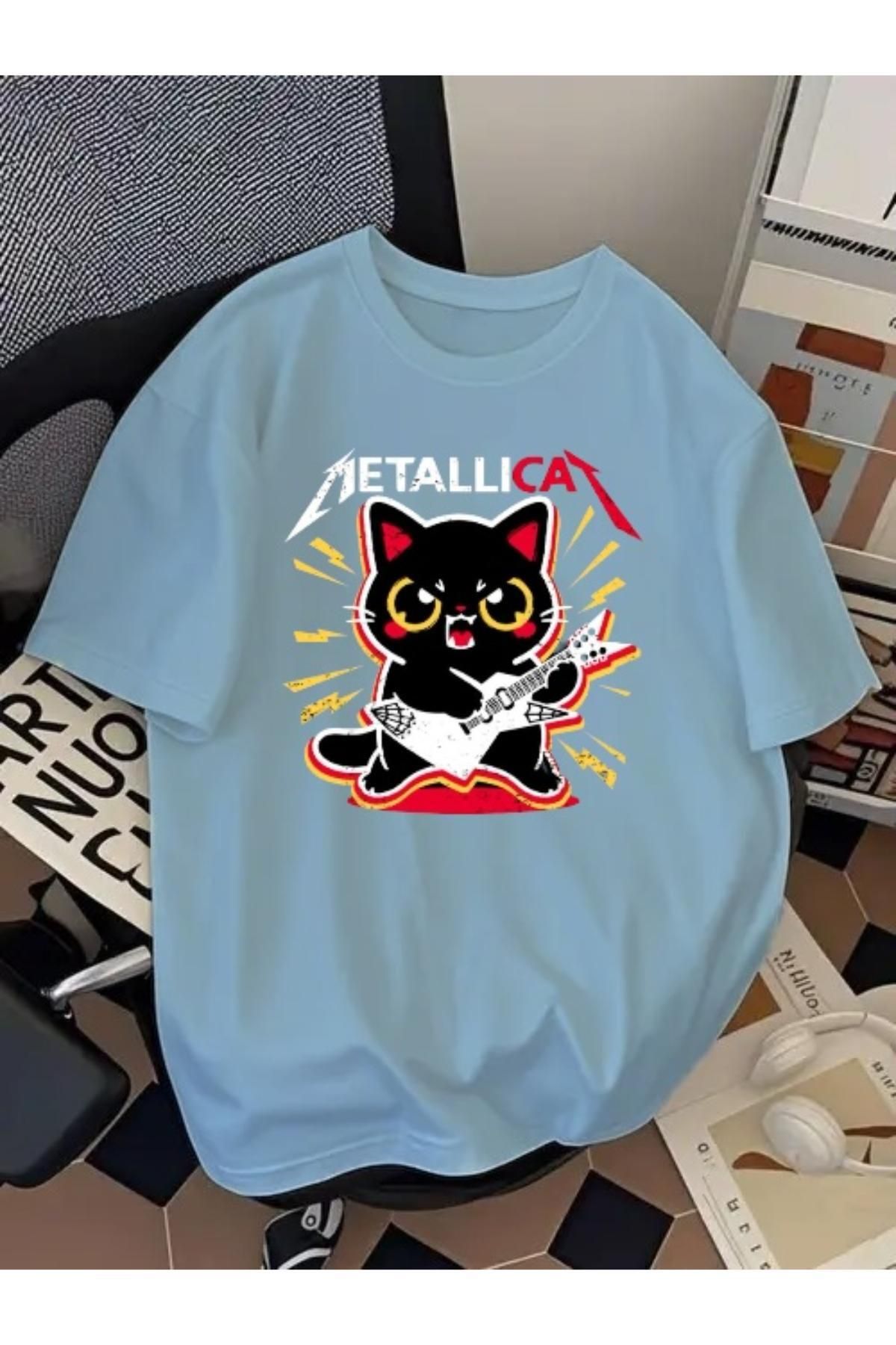 Madali Boutique Metallicat Baskılı Unisex Bisiklet Yaka Pamuk Oversize Boyfriend T-Shirt