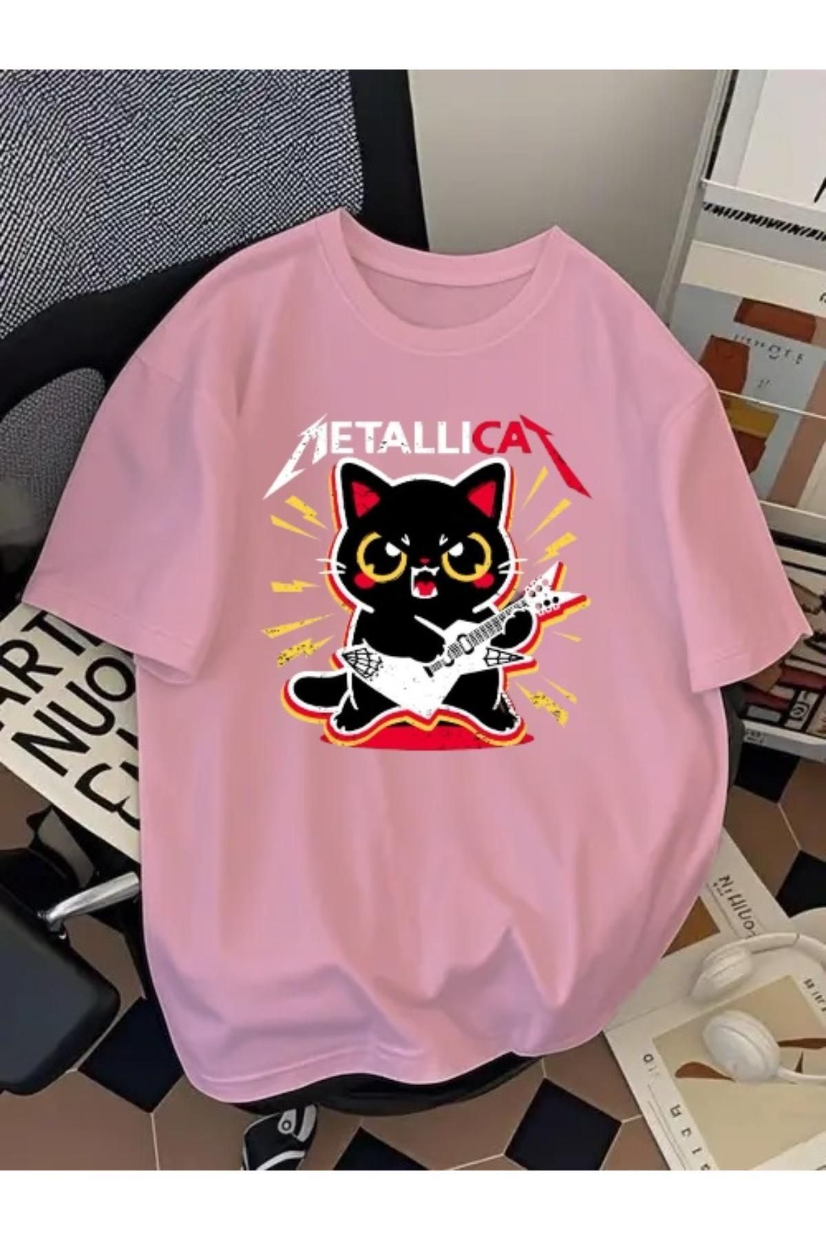 Madali Boutique Metallicat Baskılı Unisex Bisiklet Yaka Pamuk Oversize Boyfriend T-Shirt