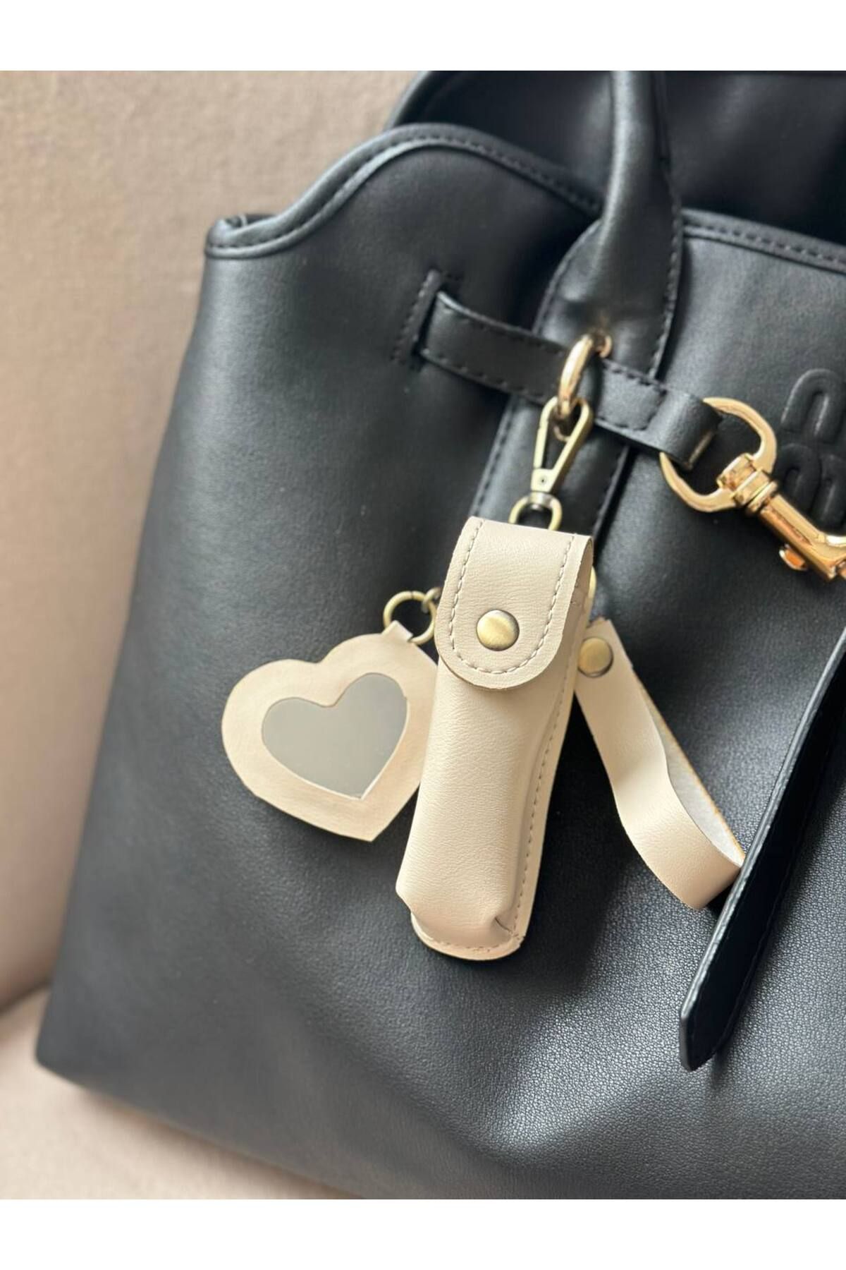Nues Mini Suni Deri Anahtarlık Kalp Şeklinde Ayna Charm ile, Taşınabilir Ruj Kutusu, Çanta Aksesuarı