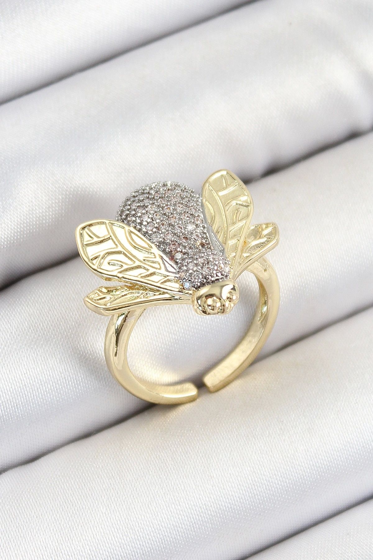 shopwave Pirinç Zirkon Taşlı Arı Model Gümüş Ve Gold Renk Kadın Yüzük