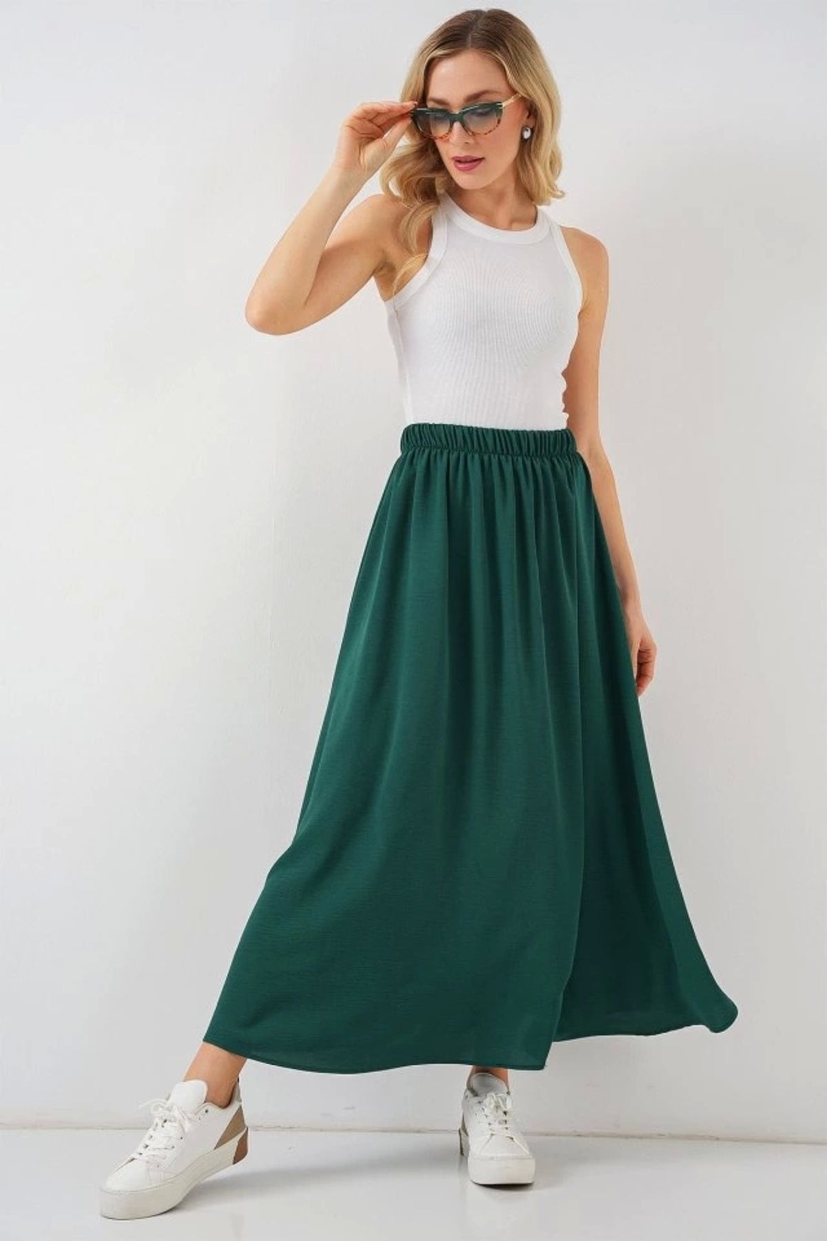 Butik Uzun Ayrobin Etek 8050 - Zümrüt Yeşili