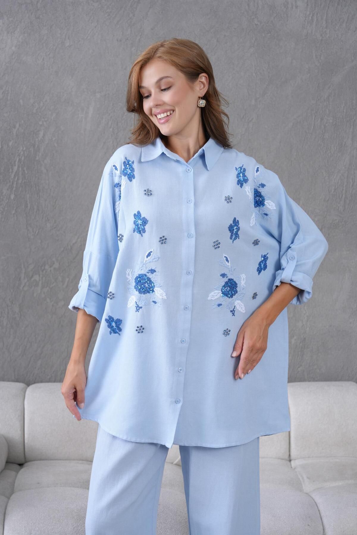 BURRASCA NAKIŞ İŞLEMELİ OVERSIZE KETEN GÖMLEK