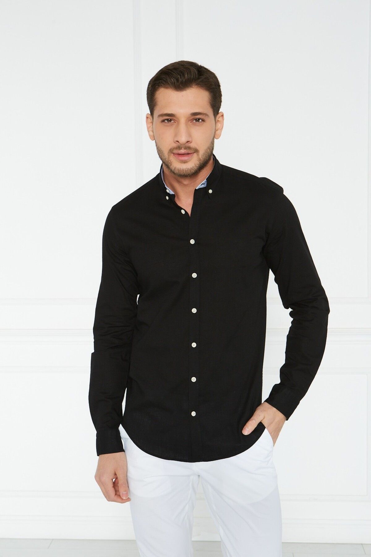 Paşahan Giorgianni Yaka Düğmeli Garnili Keten Slim Fit Gömlek