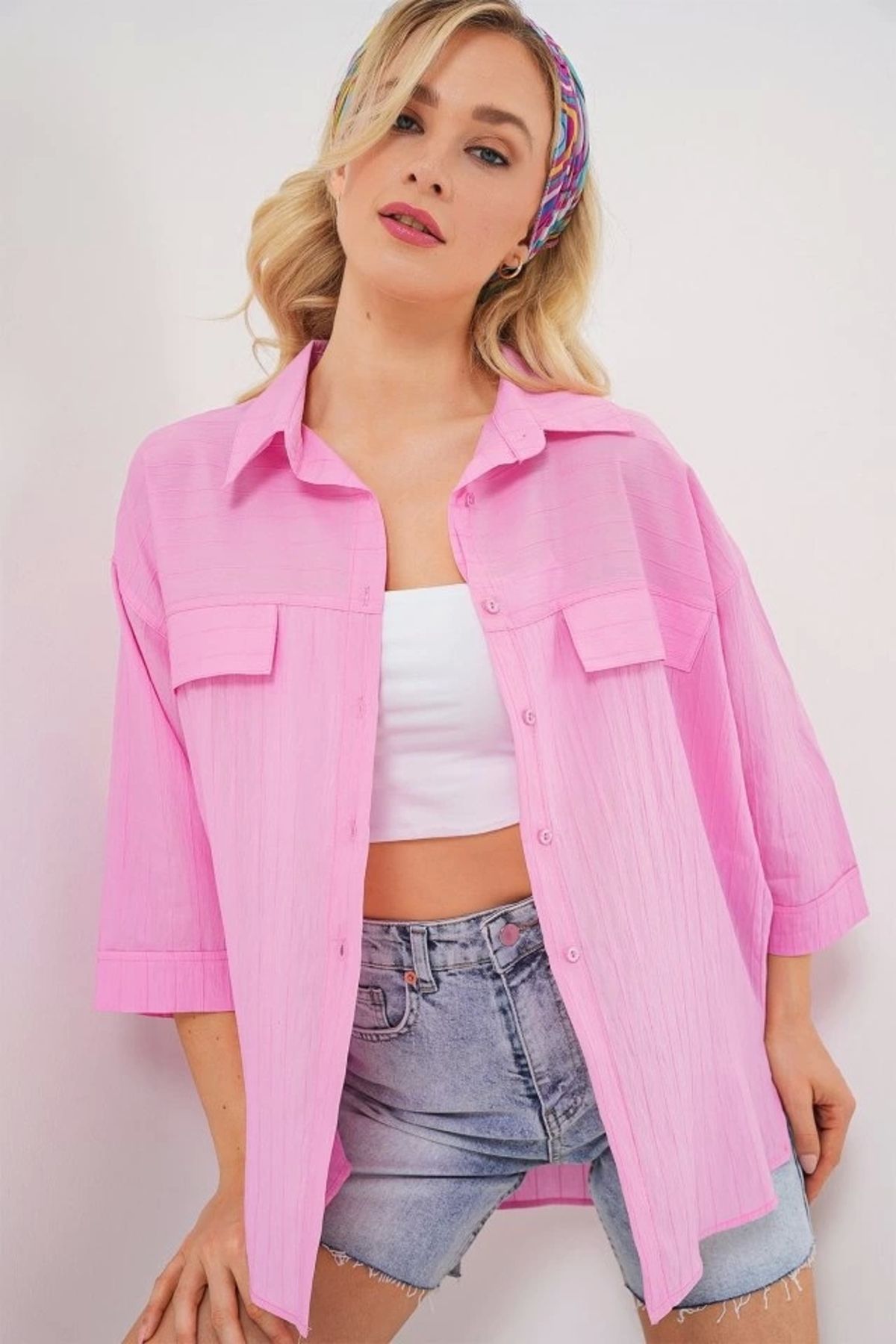 Butik Cep Detaylı Kısa Kol Gömlek 20317 - Pembe