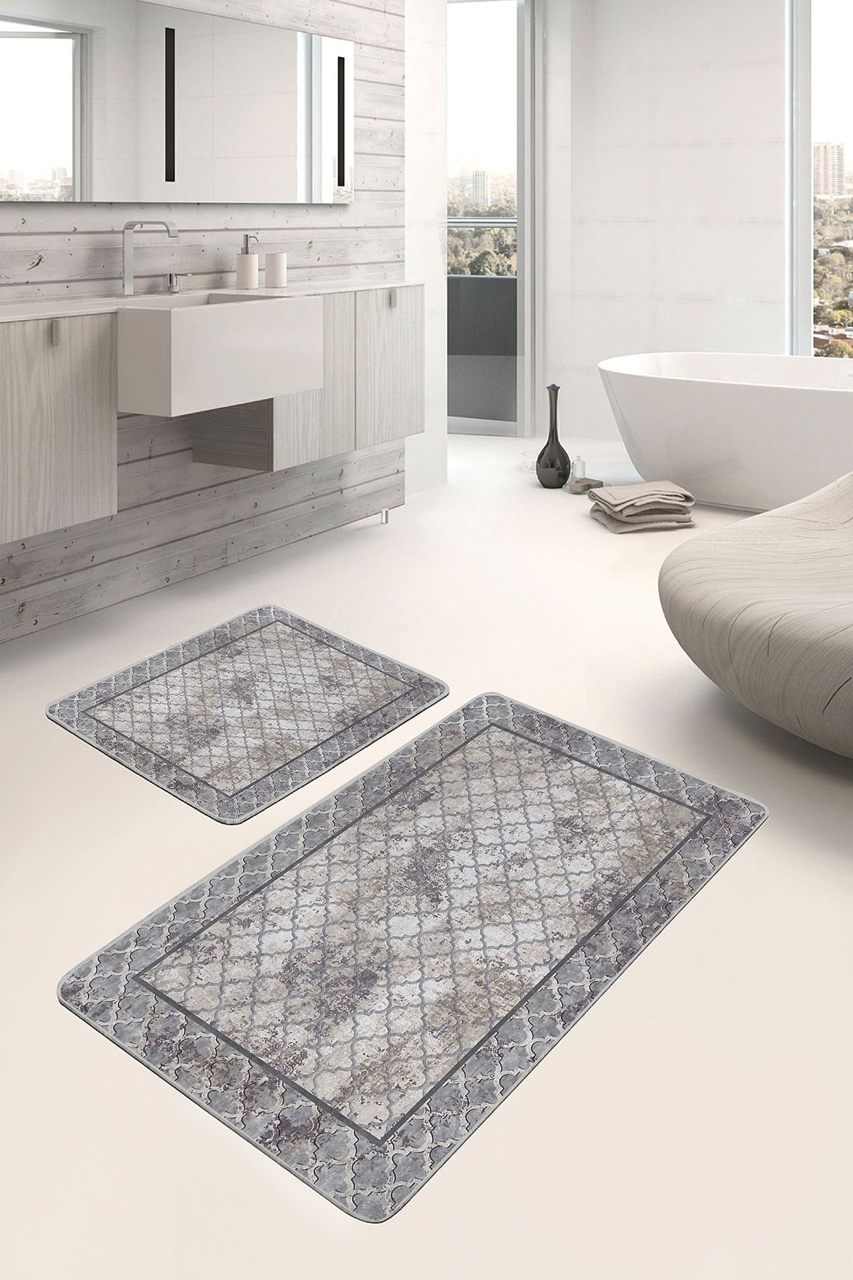 Realhomes Ekru Gri Zeminde Çerçeveli Motif Morrocan Eskitme Motifli Geometrik 2'li Banyo Mutfak Paspas Takımı