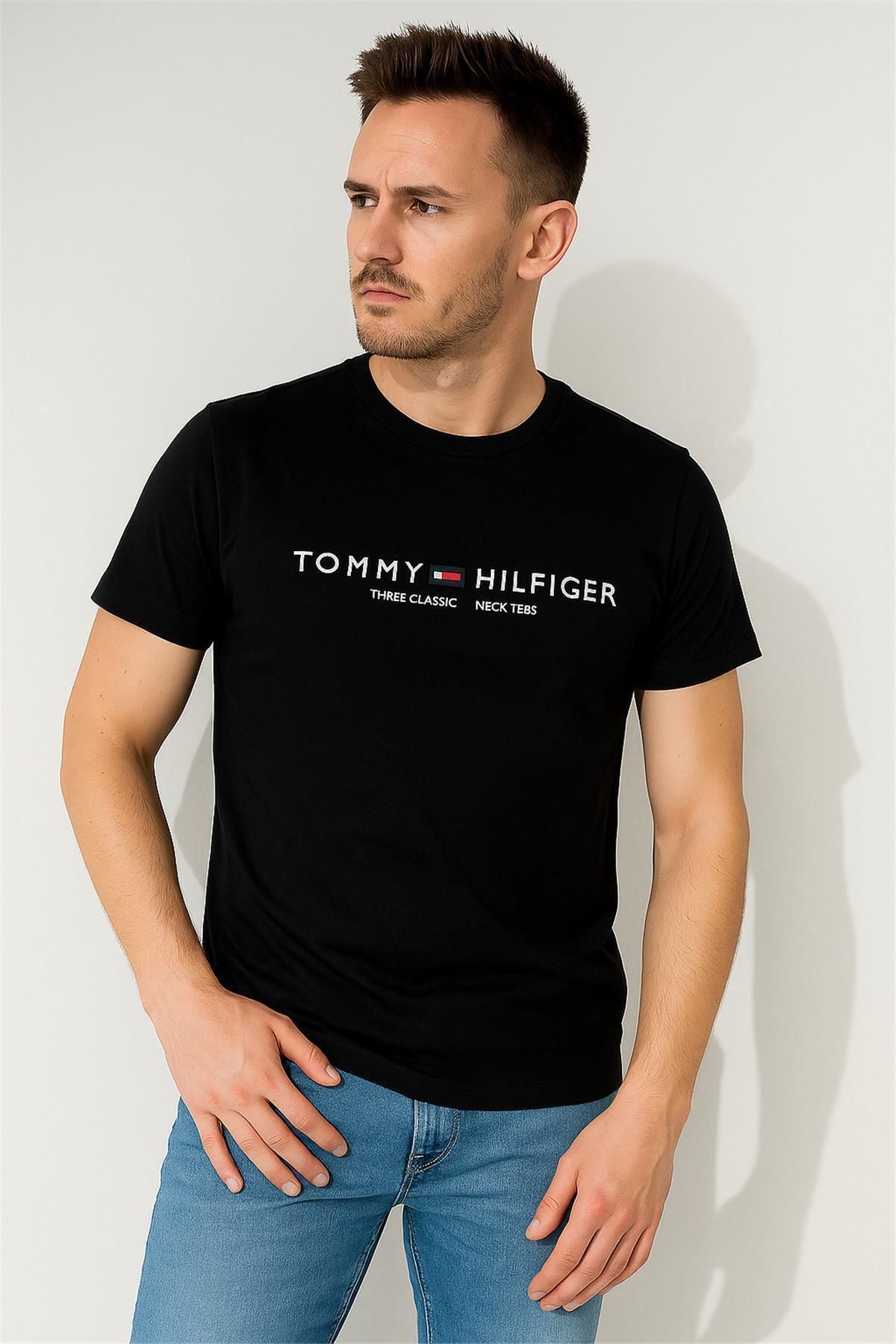 Tommy TOMMYHILFIGER EST BASKILI BİSİKLET YAKA PAMUK PENYE TSHİRT SİYAH