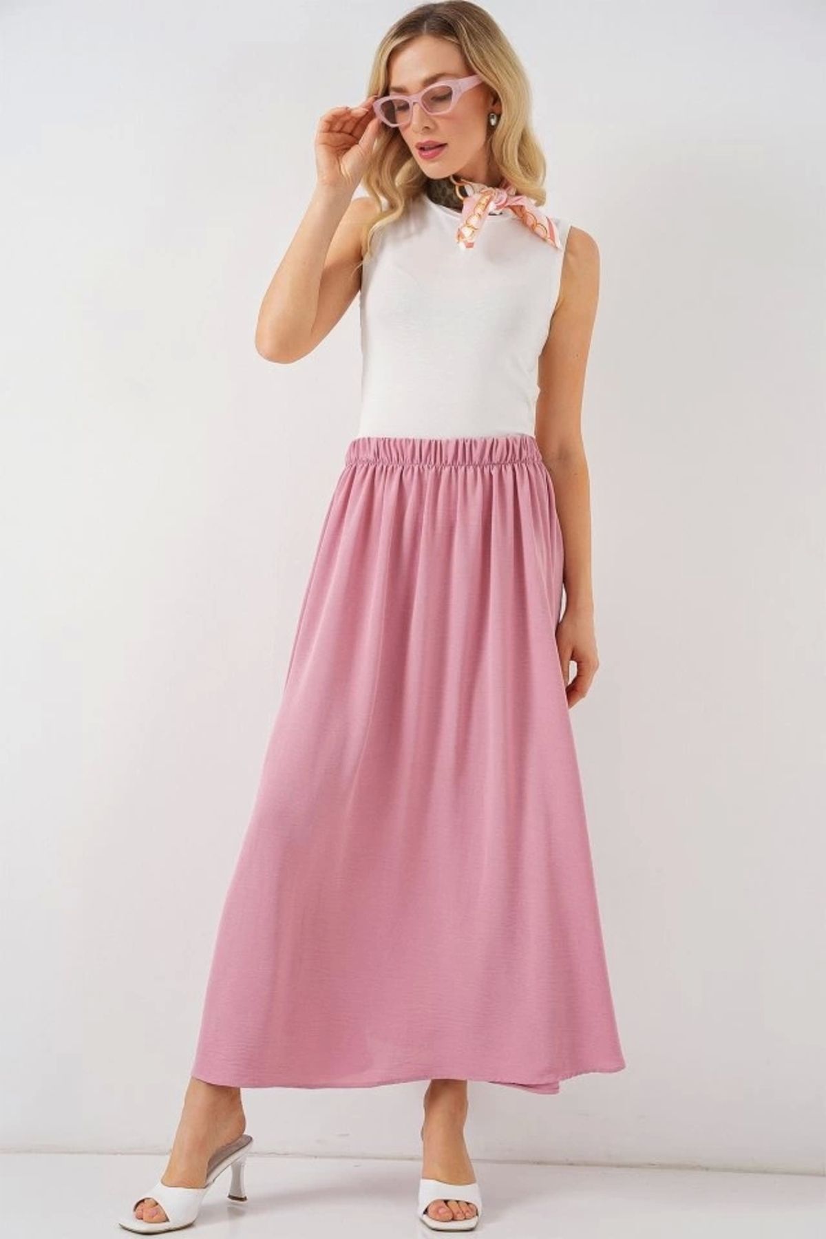 Butik Uzun Ayrobin Etek 8050 - Pudra