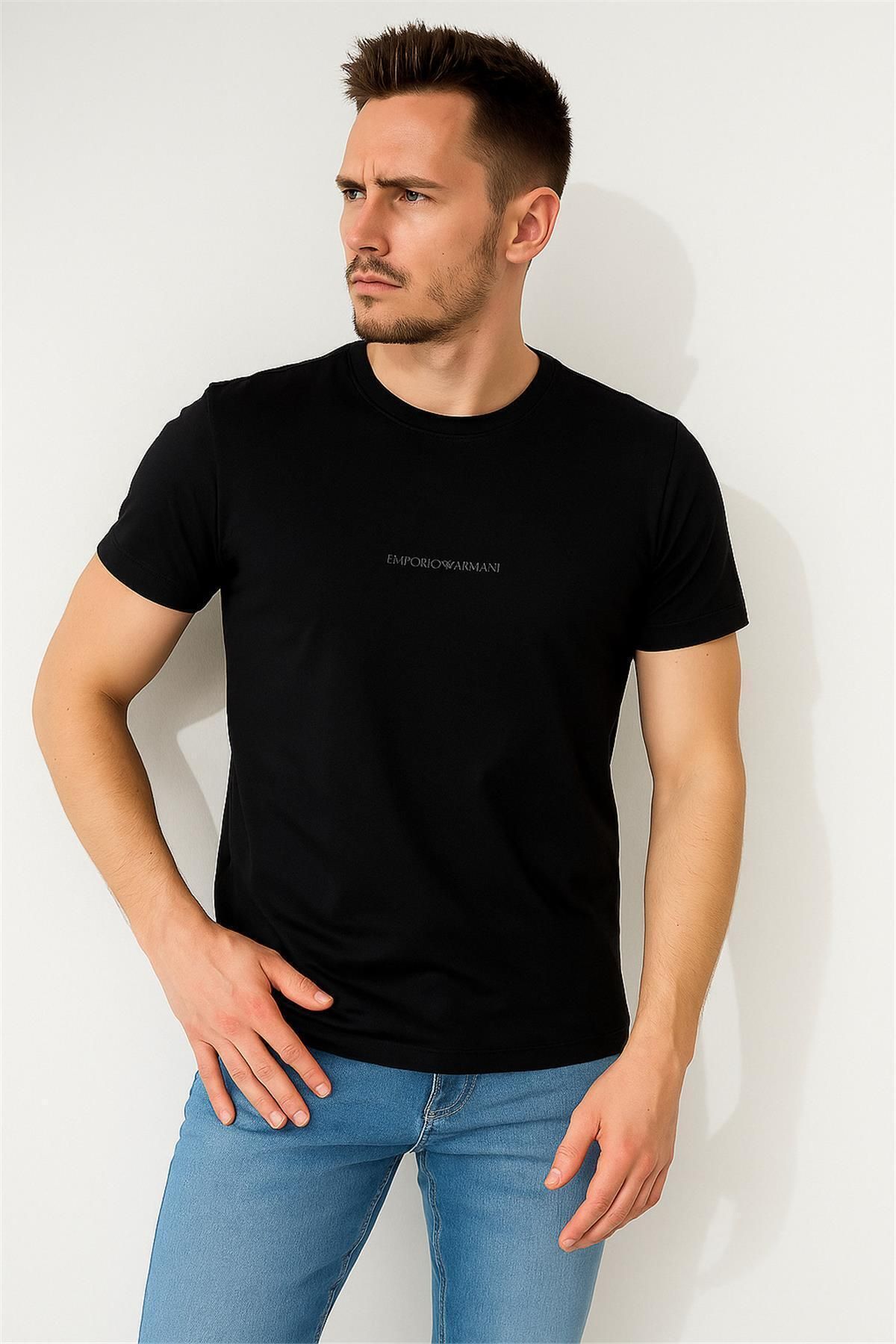 Trend07 EMPERİOARMANI BİSİKLET YAKA KÜÇÜK BASKI PAMUK PENYE SİYAH