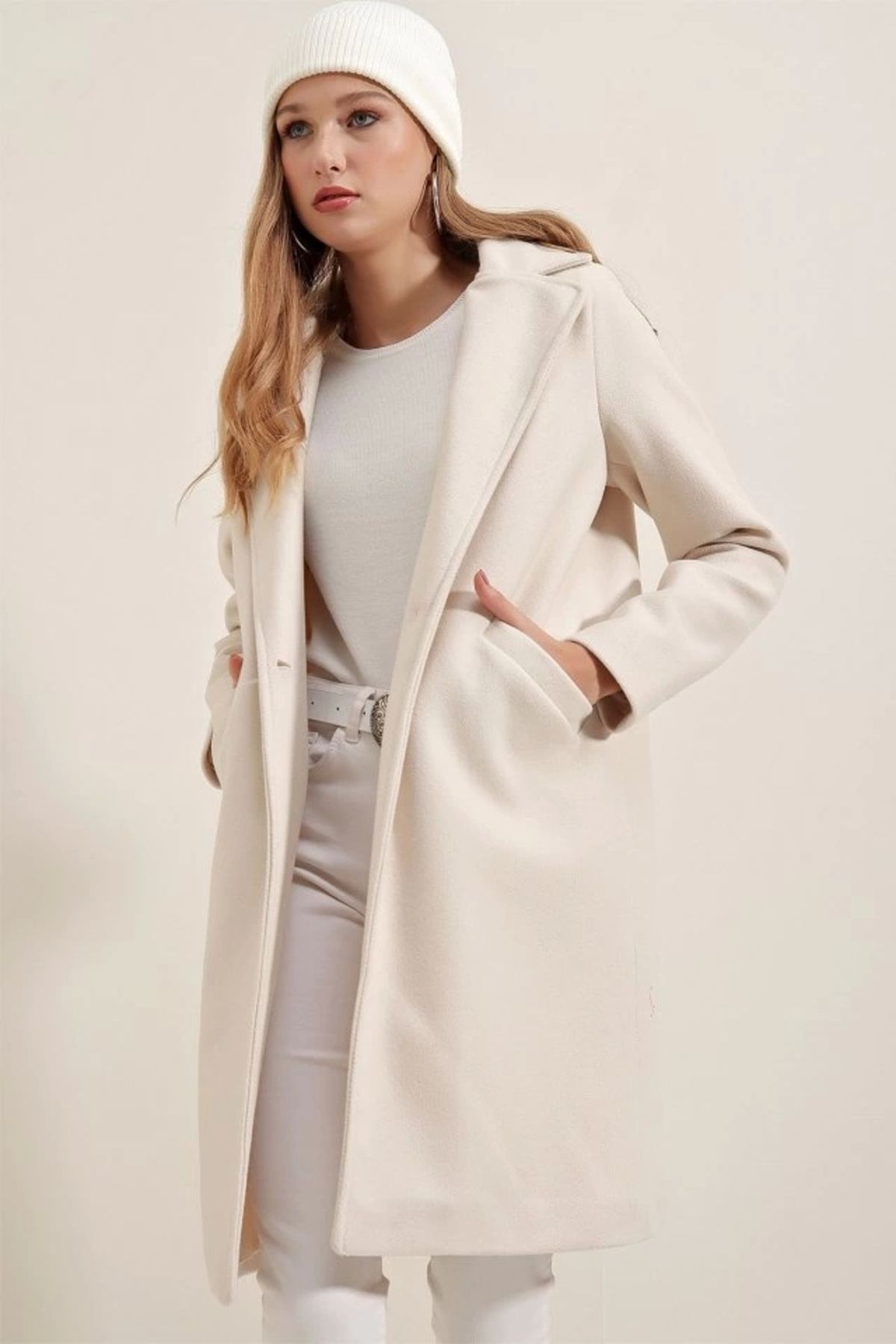 Butik 9085 Kaşe Kaban - Ekru
