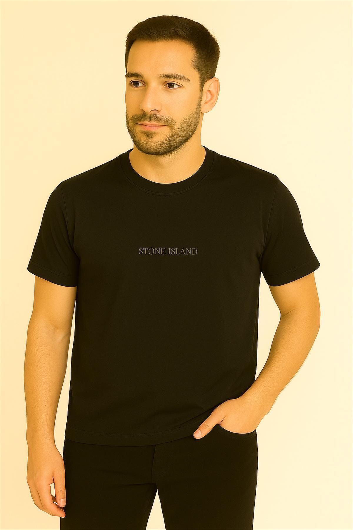 STONE ISLAND KÜÇÜK BASKI PAMUK PENYE BİSİKLET YAKA TSHİRT SİYAH