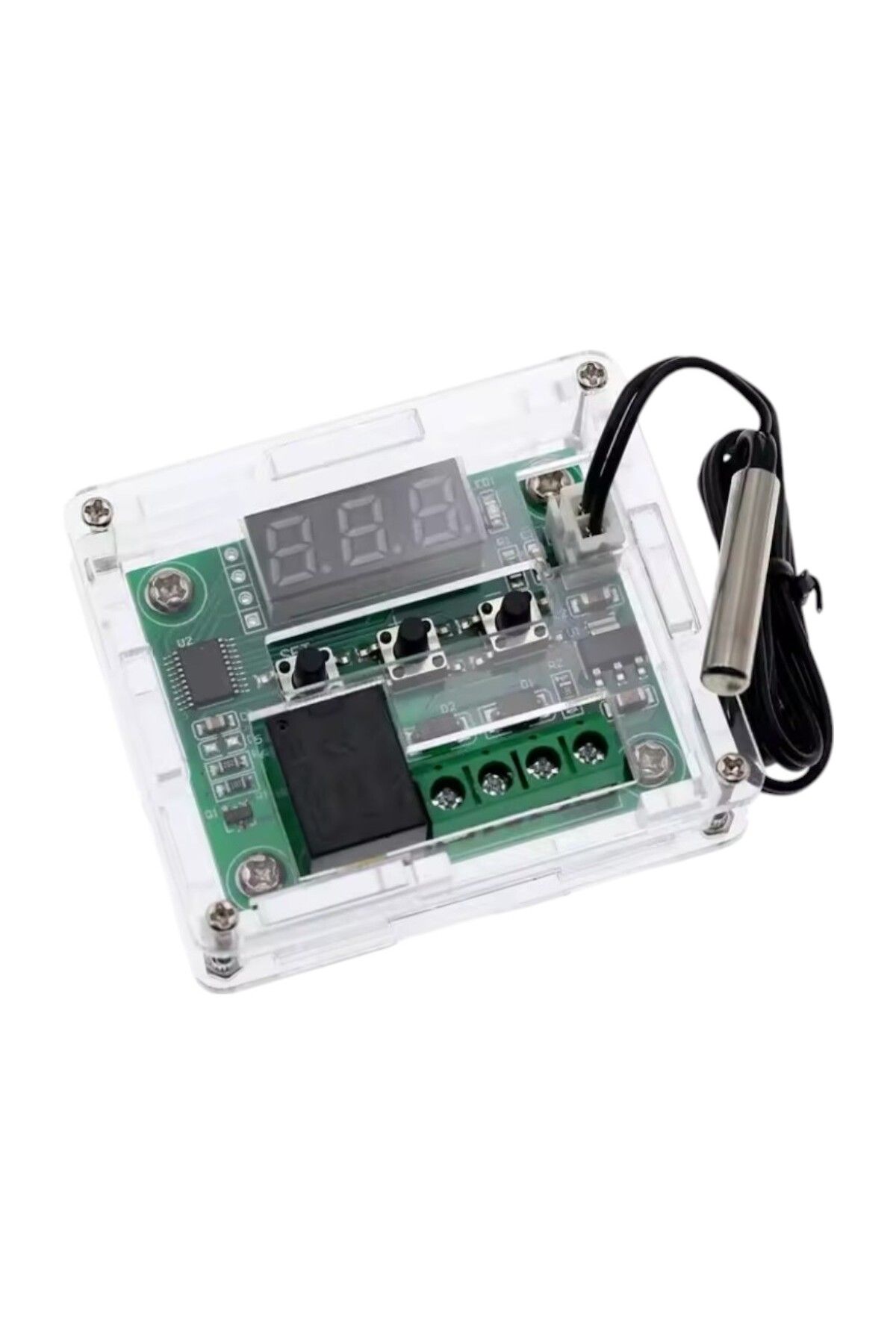 ELEKTROMALL W1209 Dijital Termostat Sıcaklık Kontrol Devresi Sensörlü + W1209 Termostat İçin Pleksi Kutu