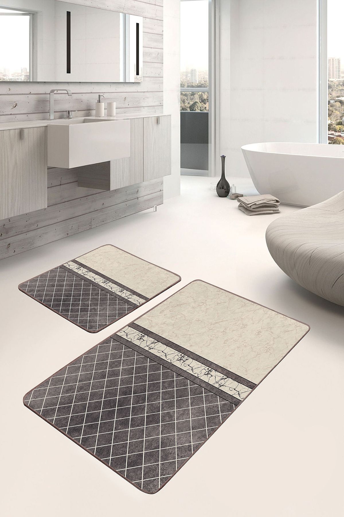 Realhomes Krem - Kahverengi Zeminde Mermer Motifli Baklava Geometrik Klasik 2'li Banyo & Mutfak Paspas Takımı