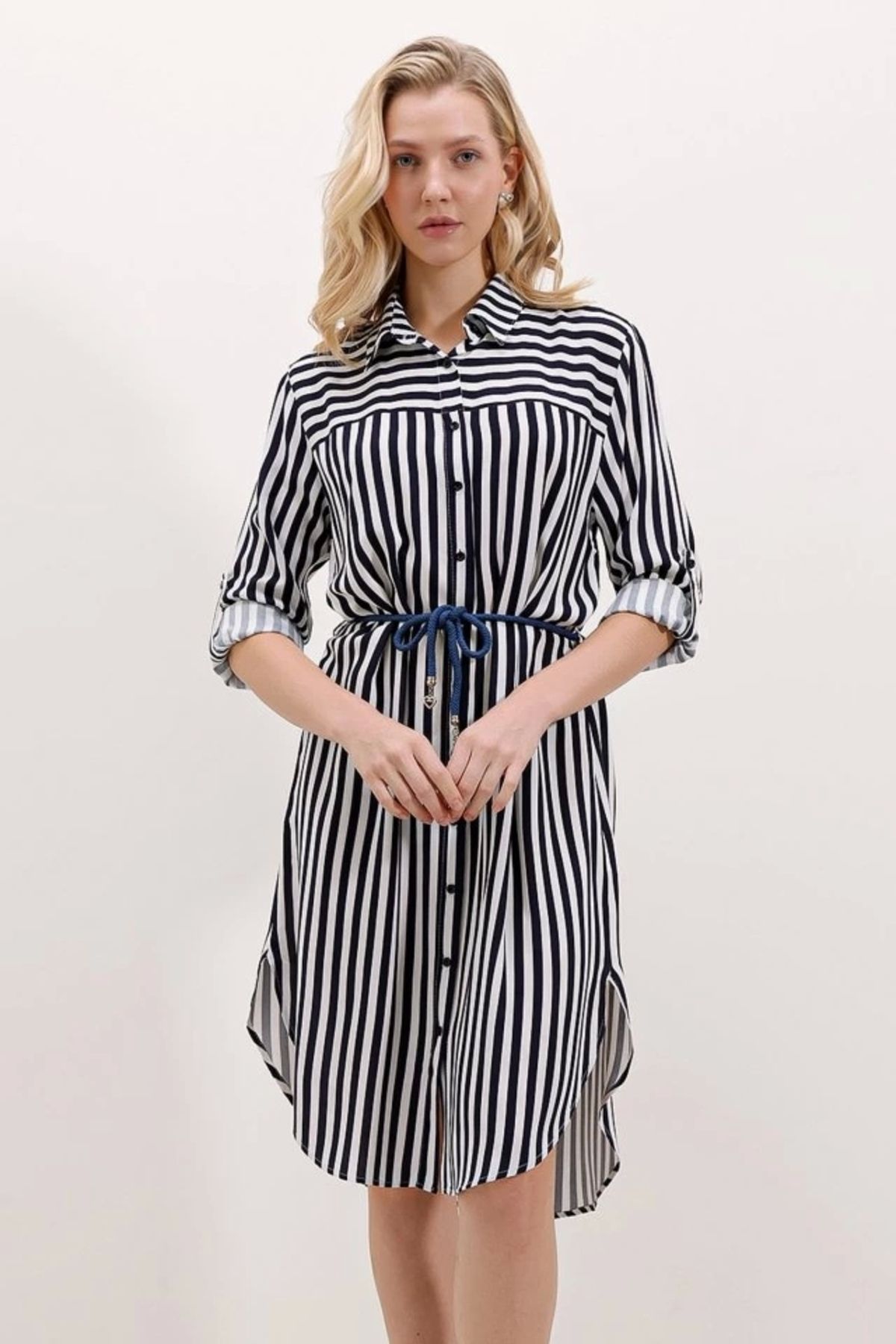 Butik 5629 Çizgili Kemerli Elbise - Lacivert