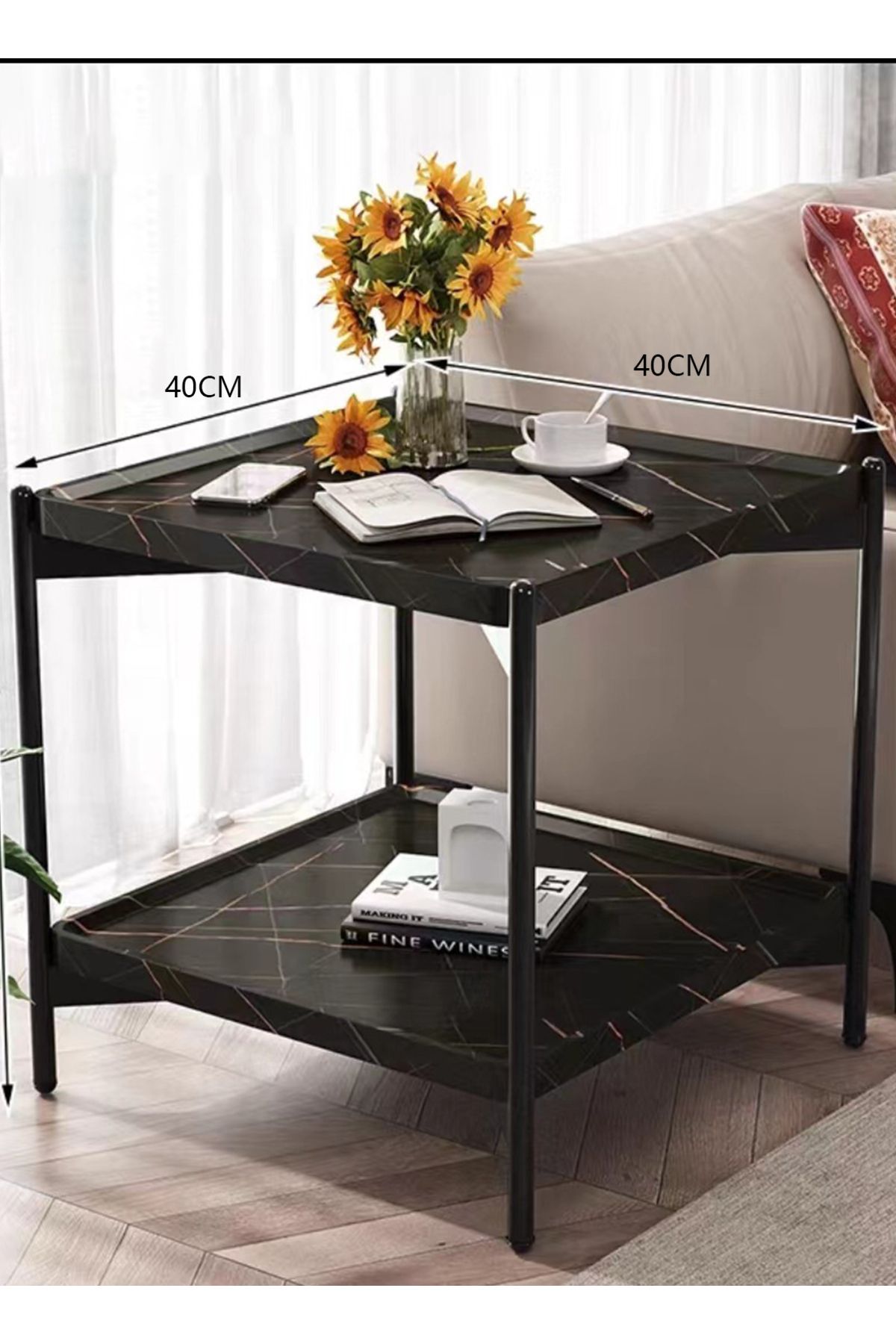 sharpdo-2 Layer Metal Frame Square Table, Sofa Side Table, Square Side Tables, 2-Tier Couch Wood End Table 2