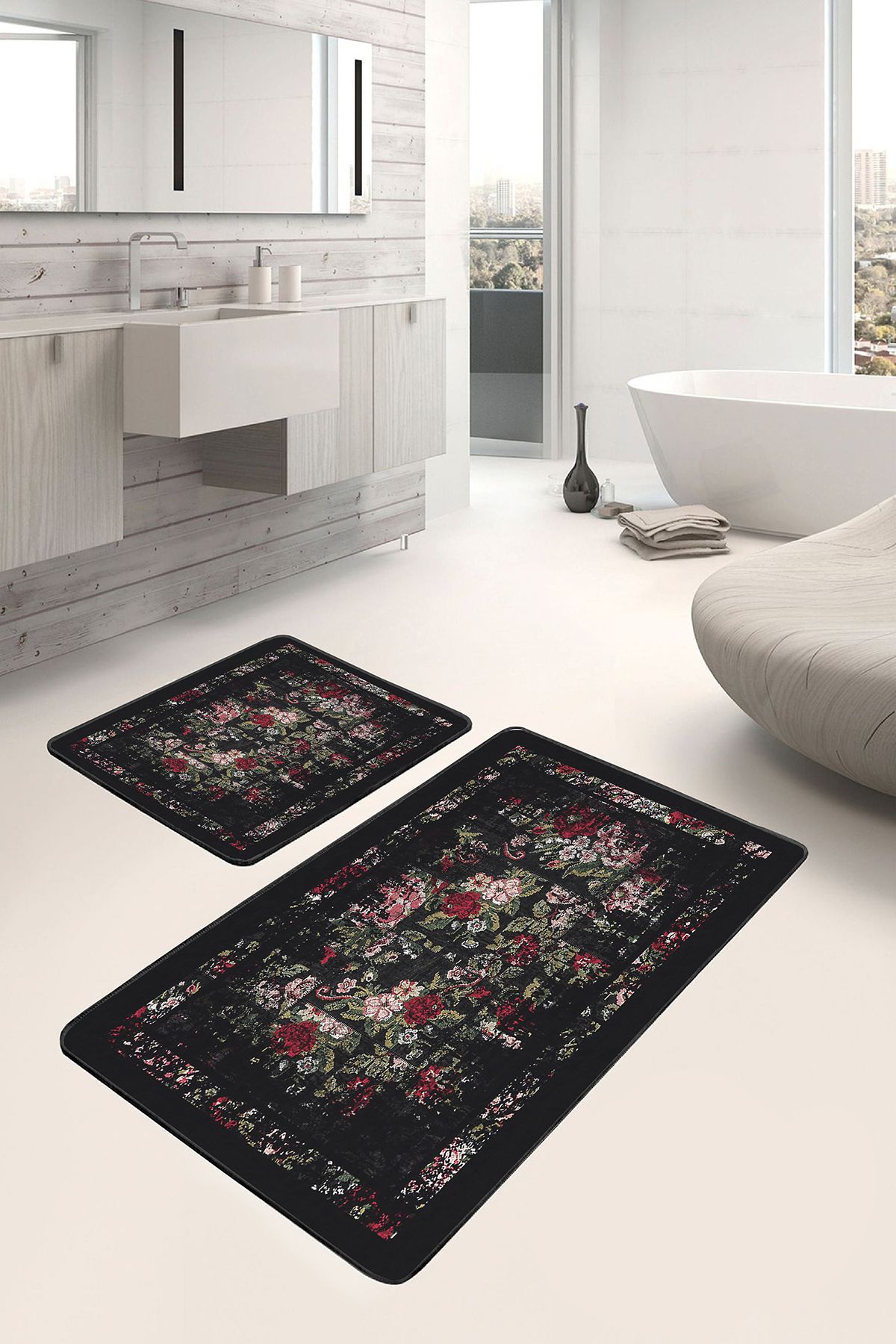 Realhomes Siyah - Kırmızı Zeminde Çiçek Motifli Eskitme Floral Eskitme Motifli 2'li Banyo Mutfak Paspas Takımı