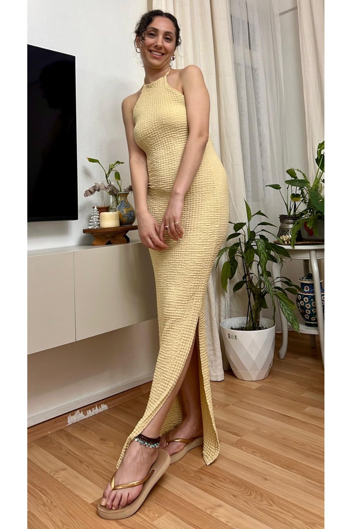 Dresslabtr Full Likralı Kumaş Boyundan Bağlamalı Kolsuz Uzun Yazlık Elbise
