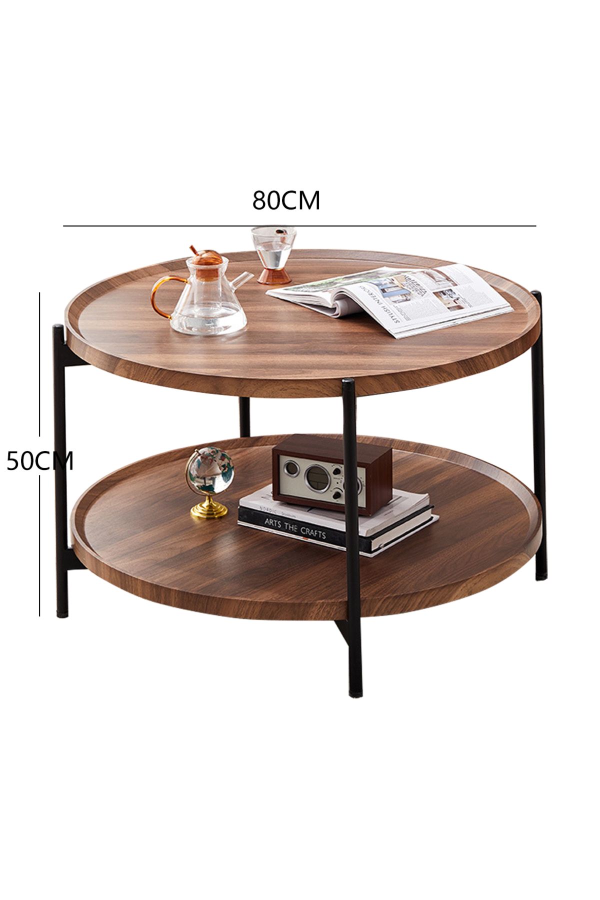 sharpdo-Multifunctional Double-Layer Living Room Sofa Round Table Side Table, Walnut Color, Waterproof Pane 7