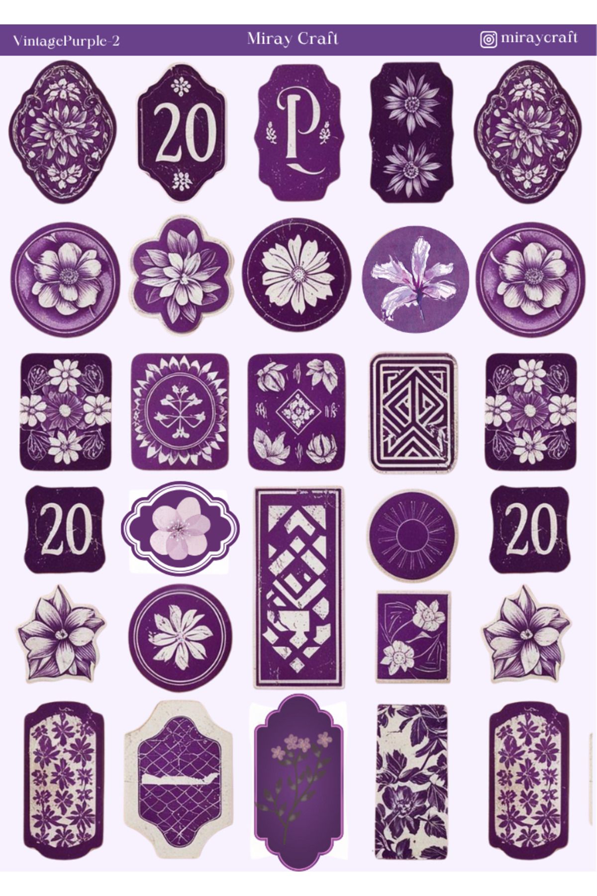 MirayDesign 1 Adet Mor Vintage Temalı Sticker (12x17 cm) Bullet Journal,Scrapbook, Ajanda ve Planlayıcı İçin