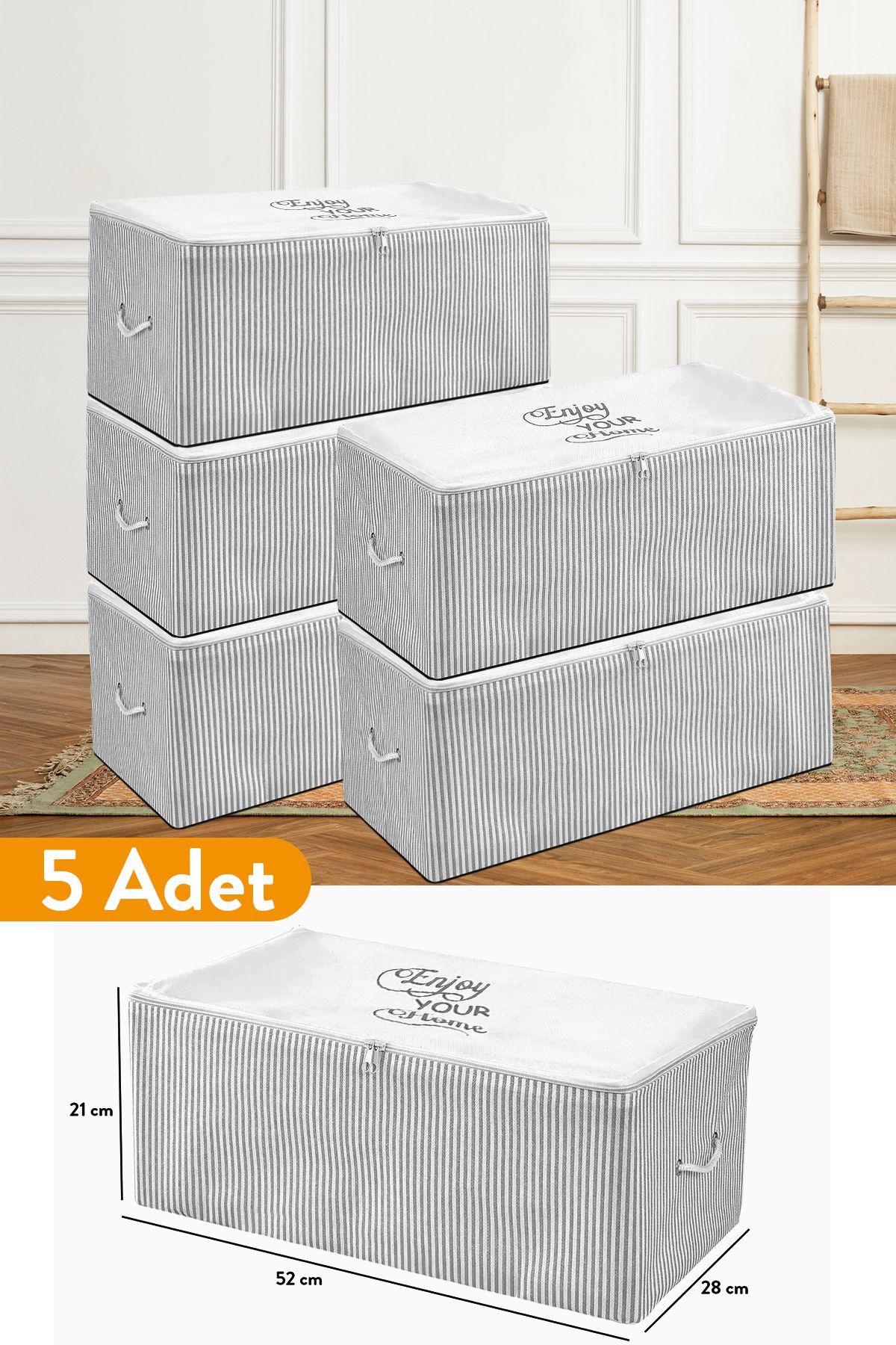 teknotrust 5'li Küçük Gri Çizgili Baskılı Hurç 52x28x21 cm