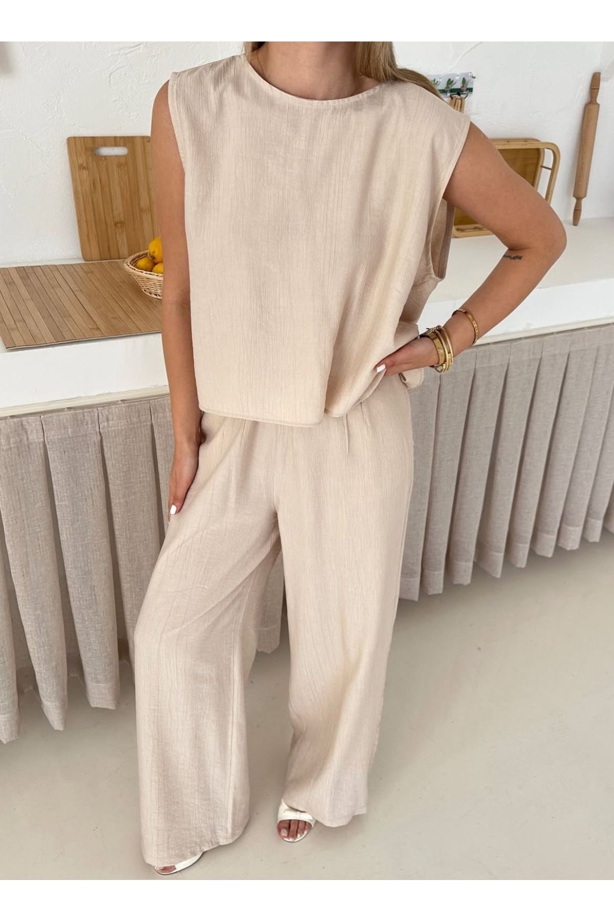 Ekim Store Sırtı Bağcıklı Gofre Bluz Pantolon Takım