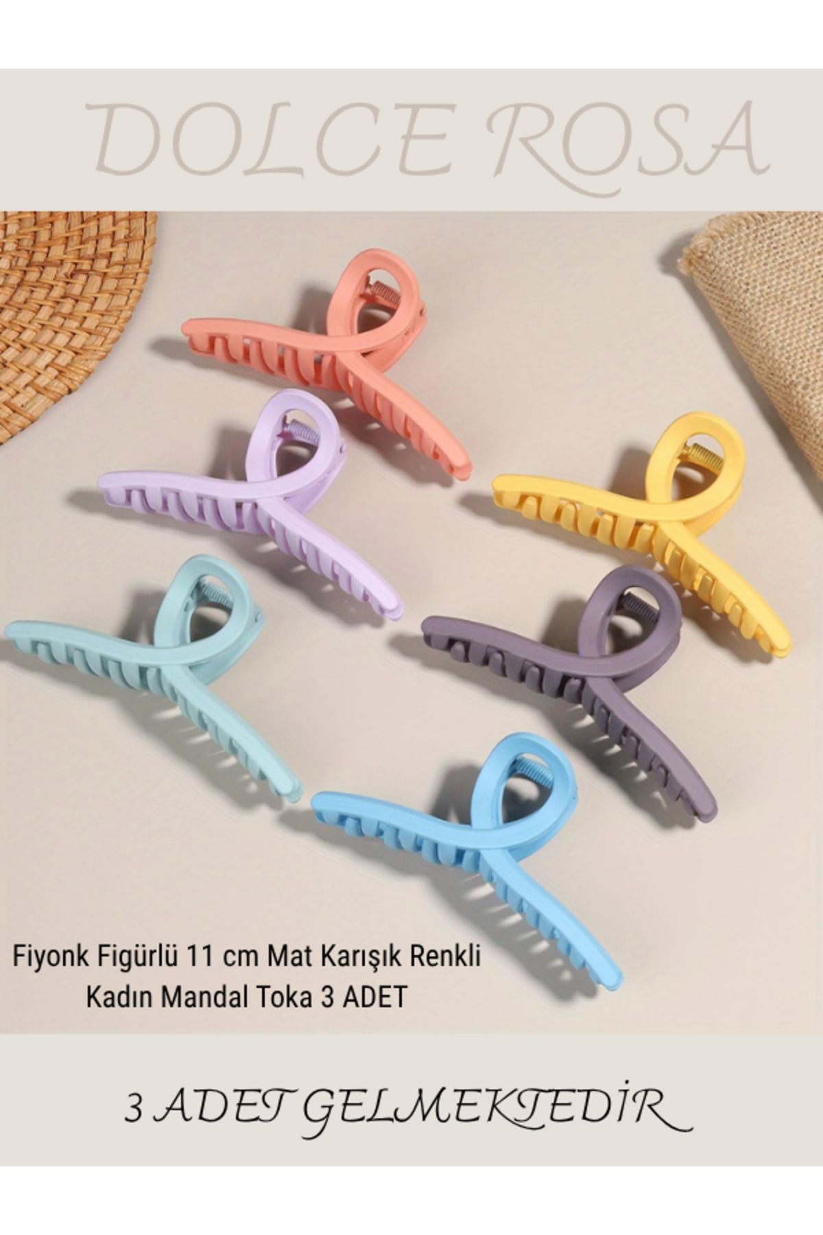 Dolce Rosa Fiyonk Figürlü 11 cm Mat Karışık Renkli Kadın Mandal Toka 3 ADET