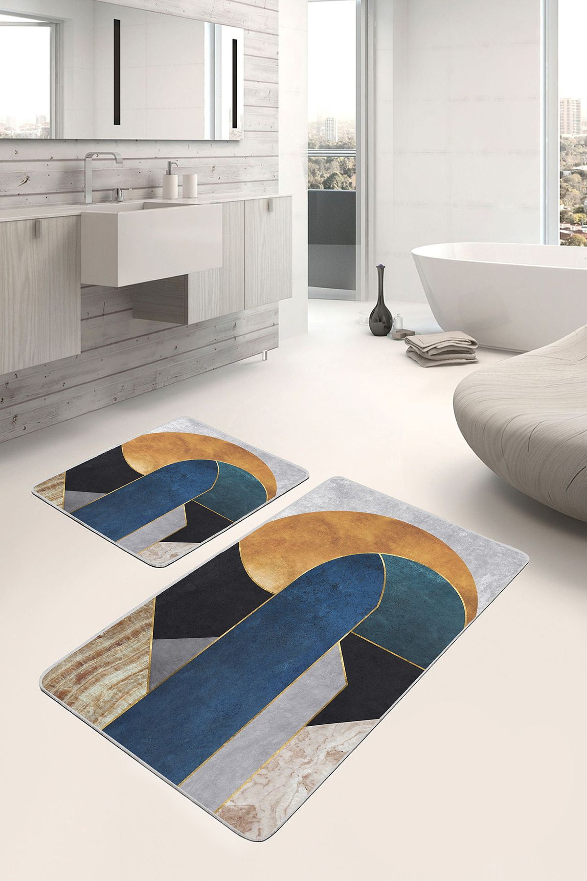 Realhomes Lacivert Zeminde Geometrik Motifli Mordern Sanat Modern Geometrik 2'li Banyo & Mutfak Paspas Takımı