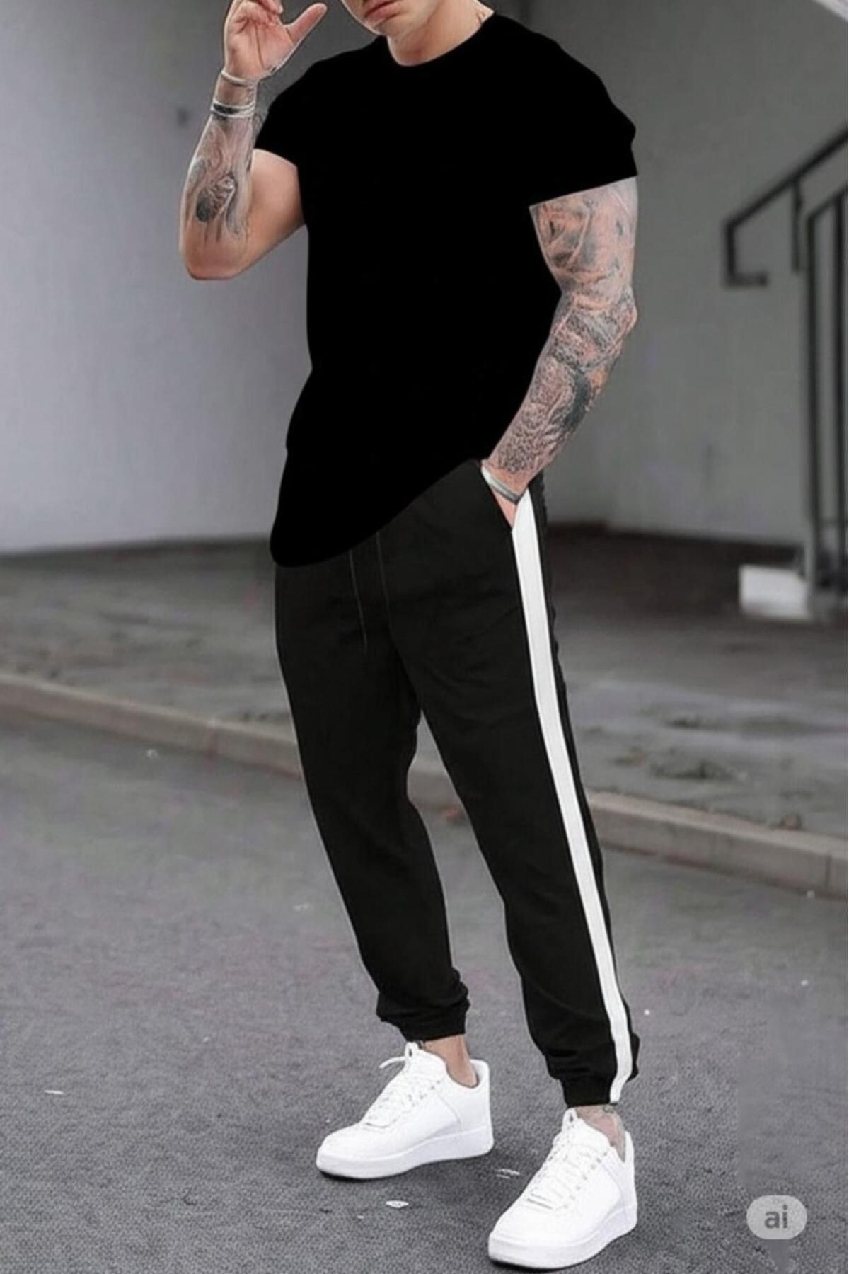 NO 601 Erkek Siyah Oval SlimFit T-shirt Desensiz Yanı Parçalı Dar Eşofman Alt Takımı