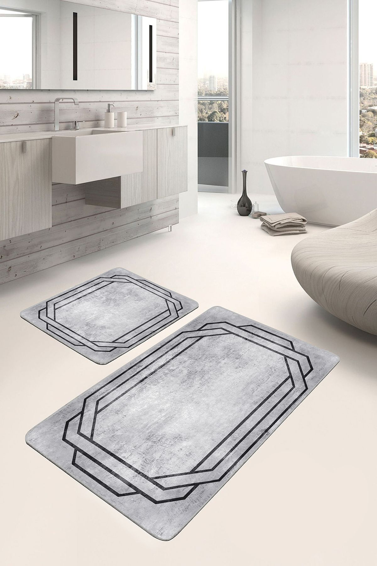 Realhomes 2'li Set Gri - Siyah Zeminde Çerçeveli Motifli Antik Avangarde Geometrik 2'li Banyo Paspas Takımı