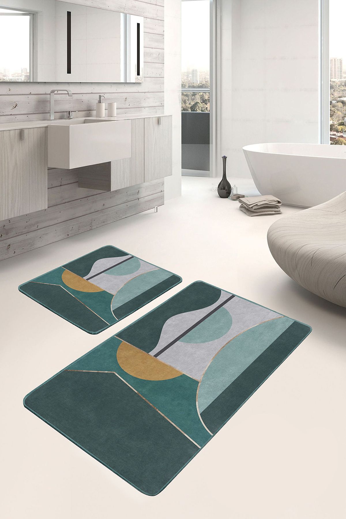 Realhomes Yeşil Zeminde Geometrik Motifli Kanvas Desenli Geometrik Modern 2'li Banyo & Mutfak Paspas Takımı