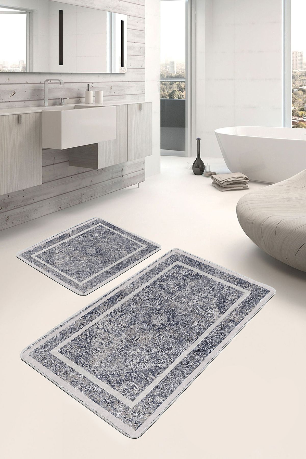Realhomes 2'li Set Gri Zeminde Eskitme Motifli Otantik Avangarde Eskitme Motifli 2'li Banyo Paspas Takımı