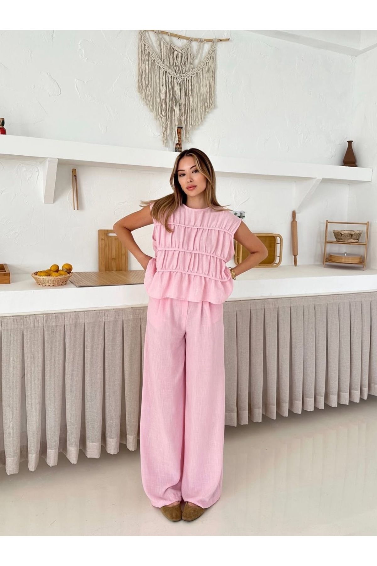 Ekim Store Biyeli Lastikli Bluz Pantolon Takım