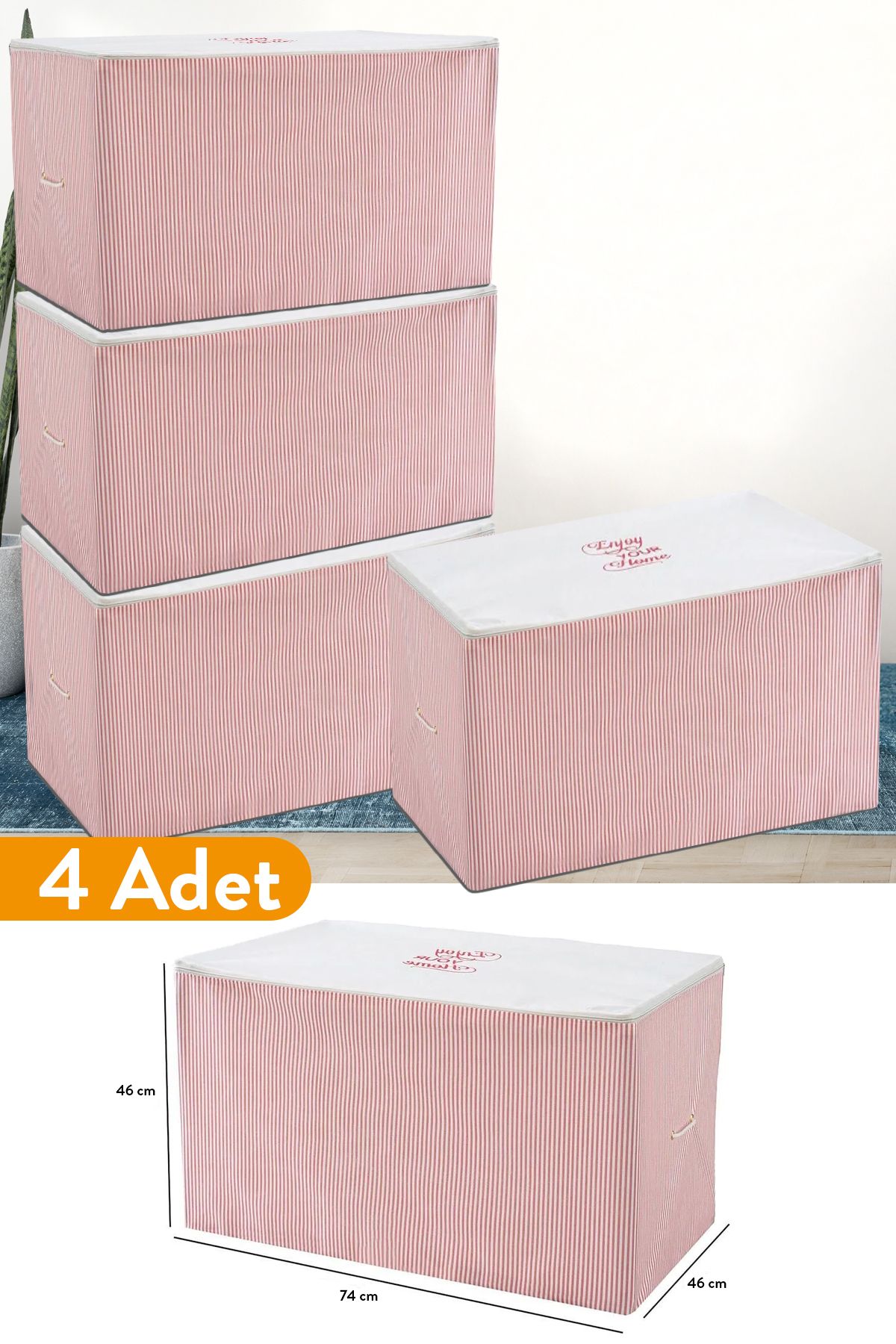 teknotrust 4 Adet Büyük Boy Pembe Çizgili Hurç, 74x46x46 cm, şık ve kullanışlı depolama seti