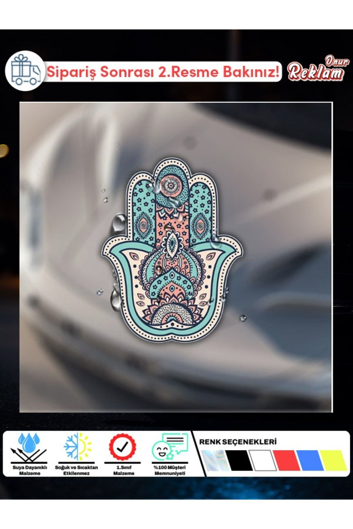 Onur Reklam Desenli Hamsa Eli Sticker – 12.7 cm | Suya Dayanıklı & Koruyucu Tasarım