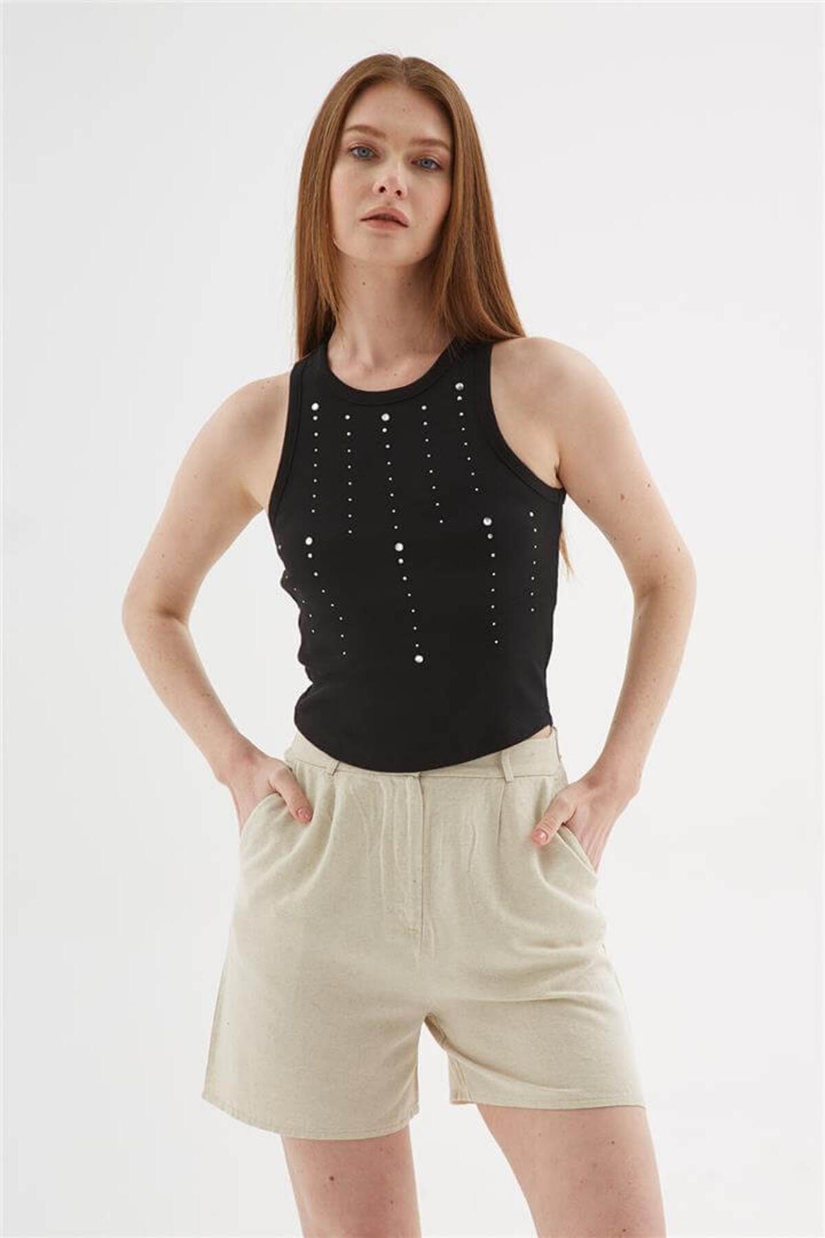 Fashion Friends Taşlı Crop Atlet Siyah