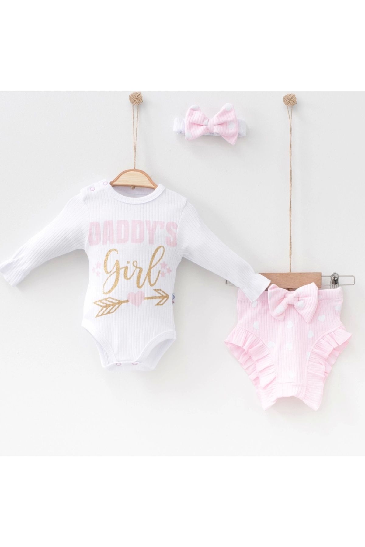 BYB MODA TASARIM 3-6 Ay Kız Bebek Alt&Üst Takımı Daddy's Girl Bandanalı Pembe