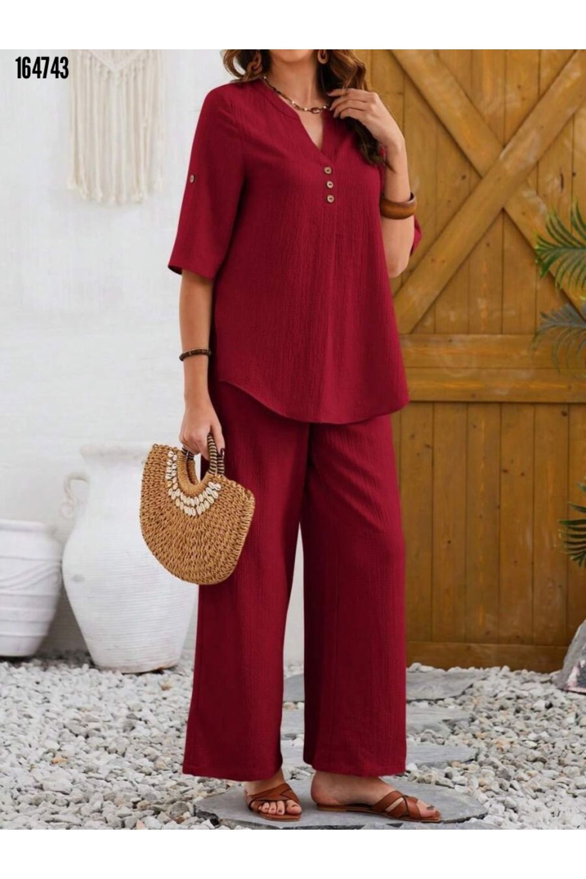 Kokosh moda Kadın Hakim Yaka Düğme Detaylı Kısa Kollu Bürümcük Bluz Pantolon Alt Üst İkili Takım