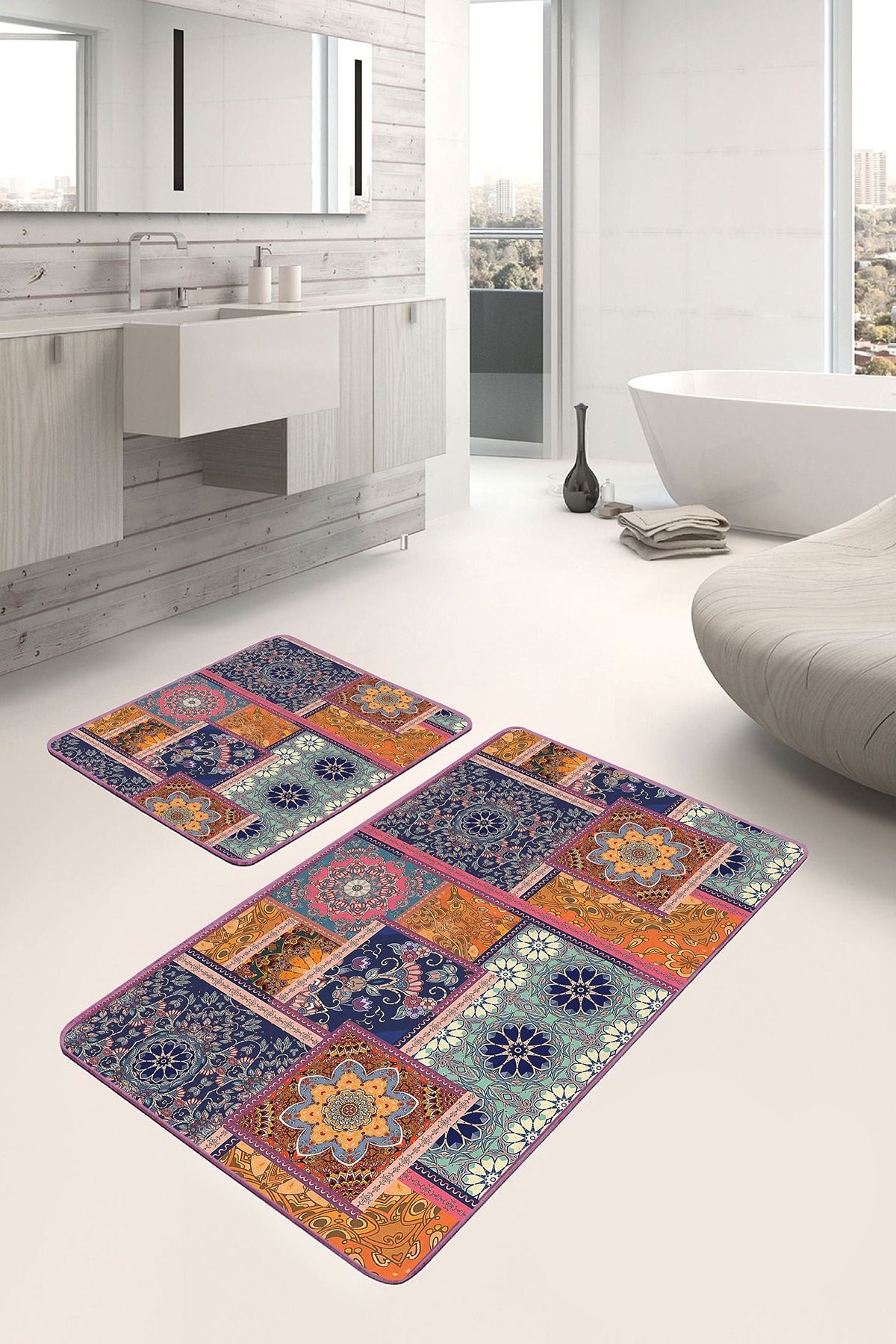 Realhomes 2'li Set Floral Zeminde Patchwork Motifli Otantik Desenli Vintage Geometrik 2'li Banyo Paspas Takımı
