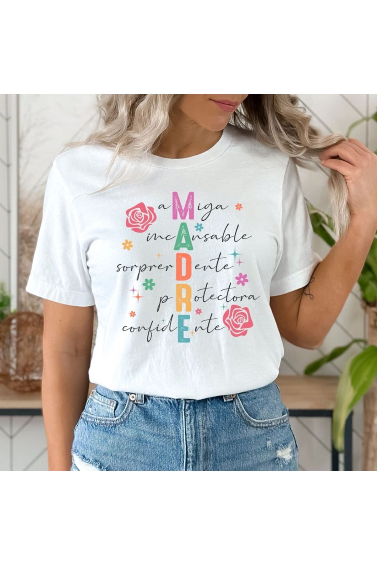 aynewmoda De Las Madres Mama Beyaz Jersey Baskılı Tişört - Büyük Boy Yuvarlak Yaka Tişört