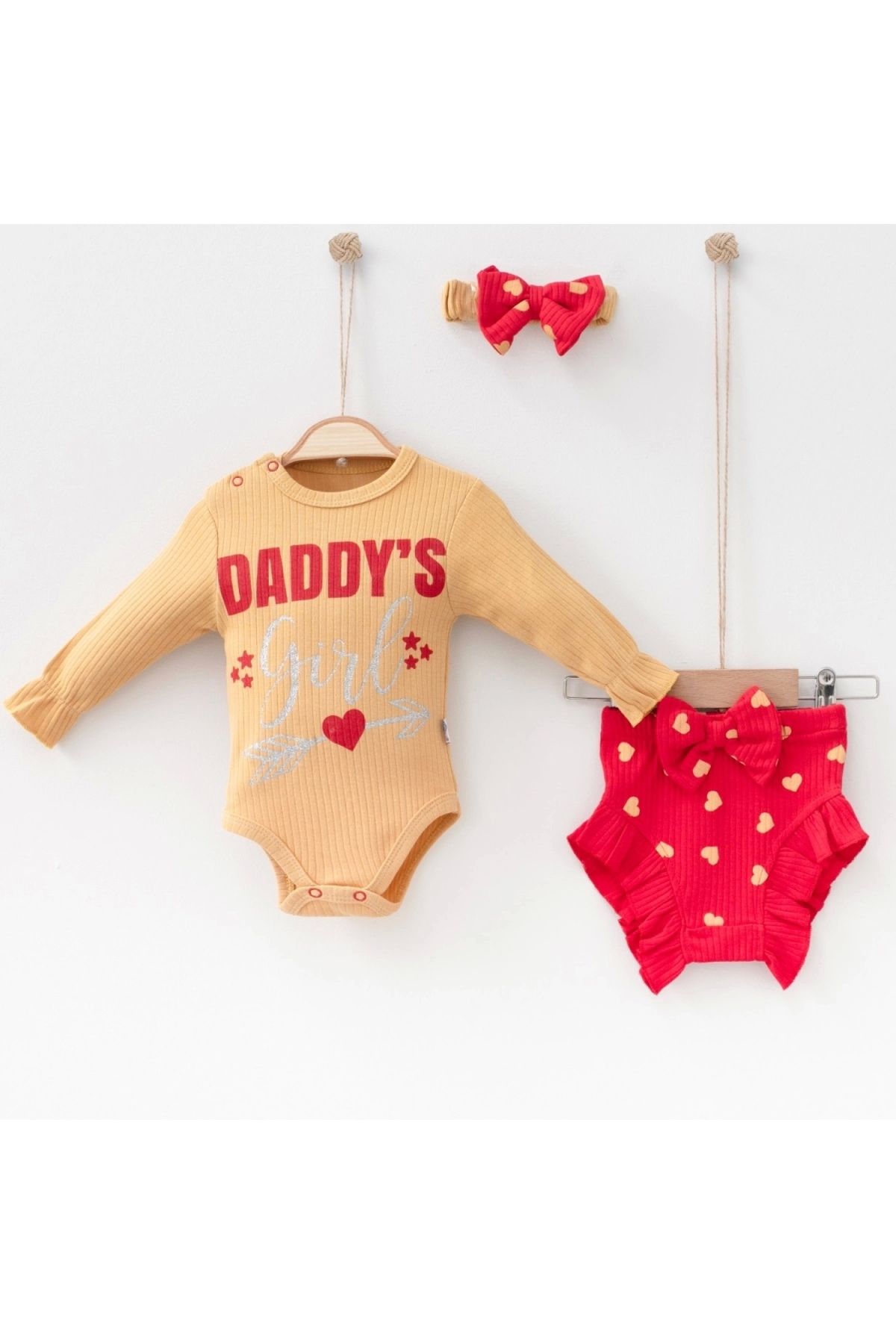 BYB MODA TASARIM 3-6 Ay Kız Bebek Takımı Daddy's Girl Bandanalı Hardal