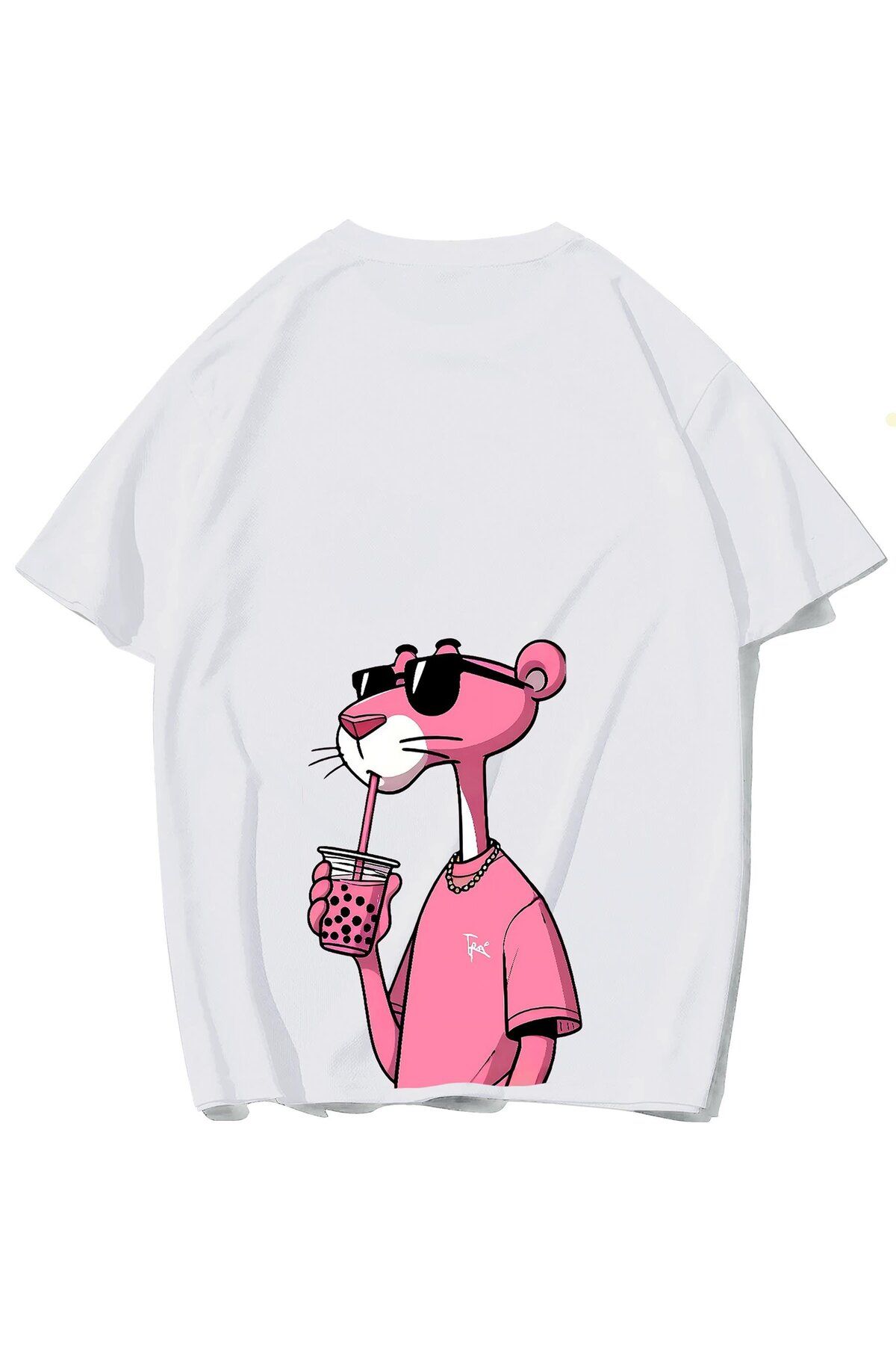 BRZ COLLECTION Unisex Oversize Pink Panther Pembe Panter T-shirt Beyaz