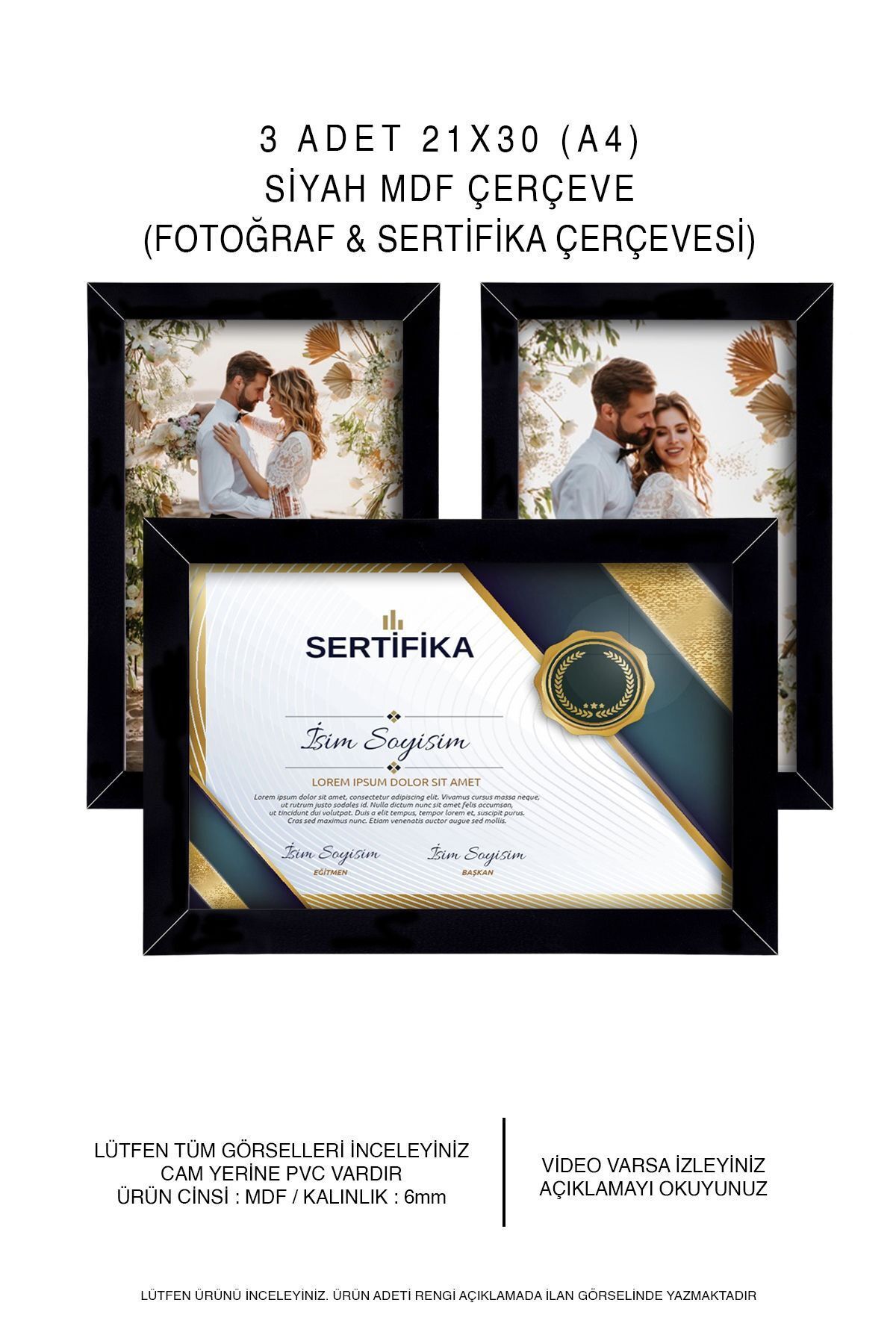 Elioure 3'lü 21x30 Siyah MDF Çerçeve, Fotoğraf ve Sertifika İçin Şık Tasarım