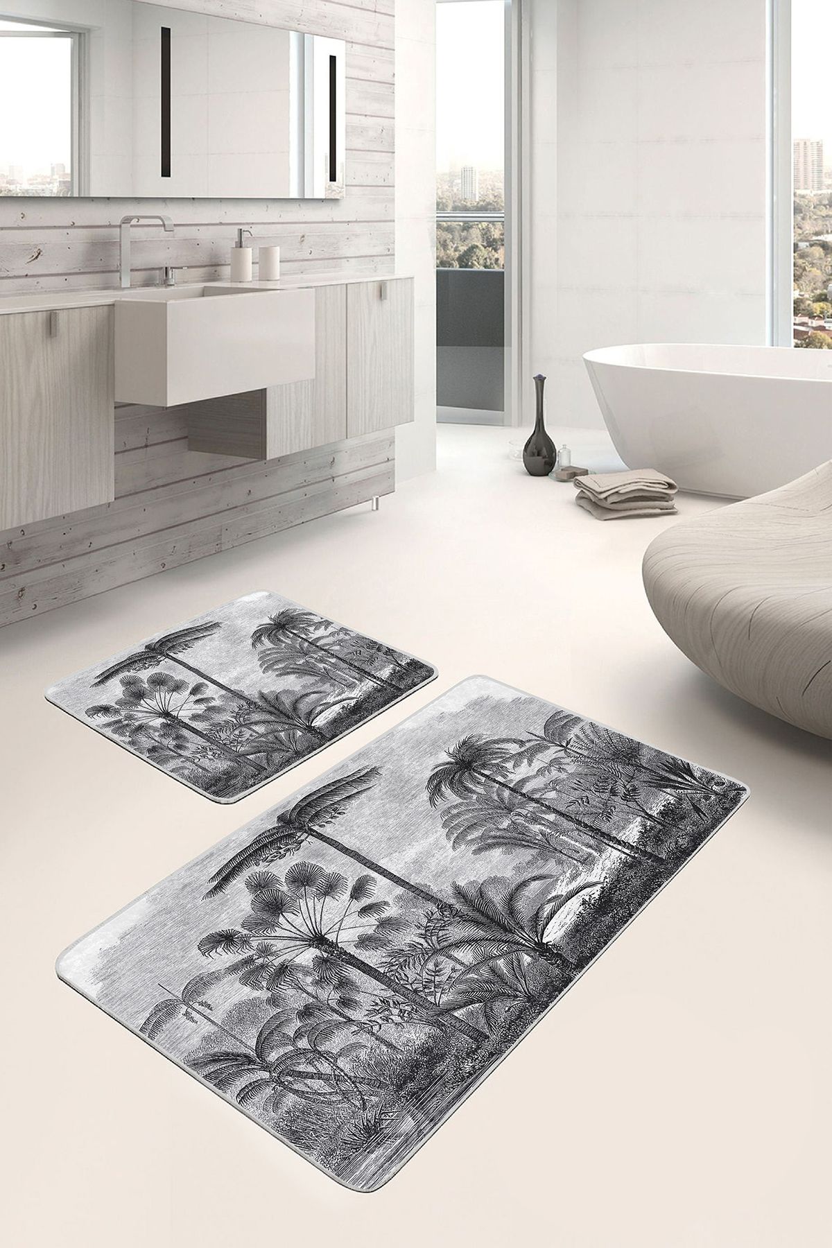 Realhomes 2'li Gri Zeminde Karakalem Motifli Kanvas Desenli Vintage Klasik 2'li Banyo & Mutfak Paspas Takımı